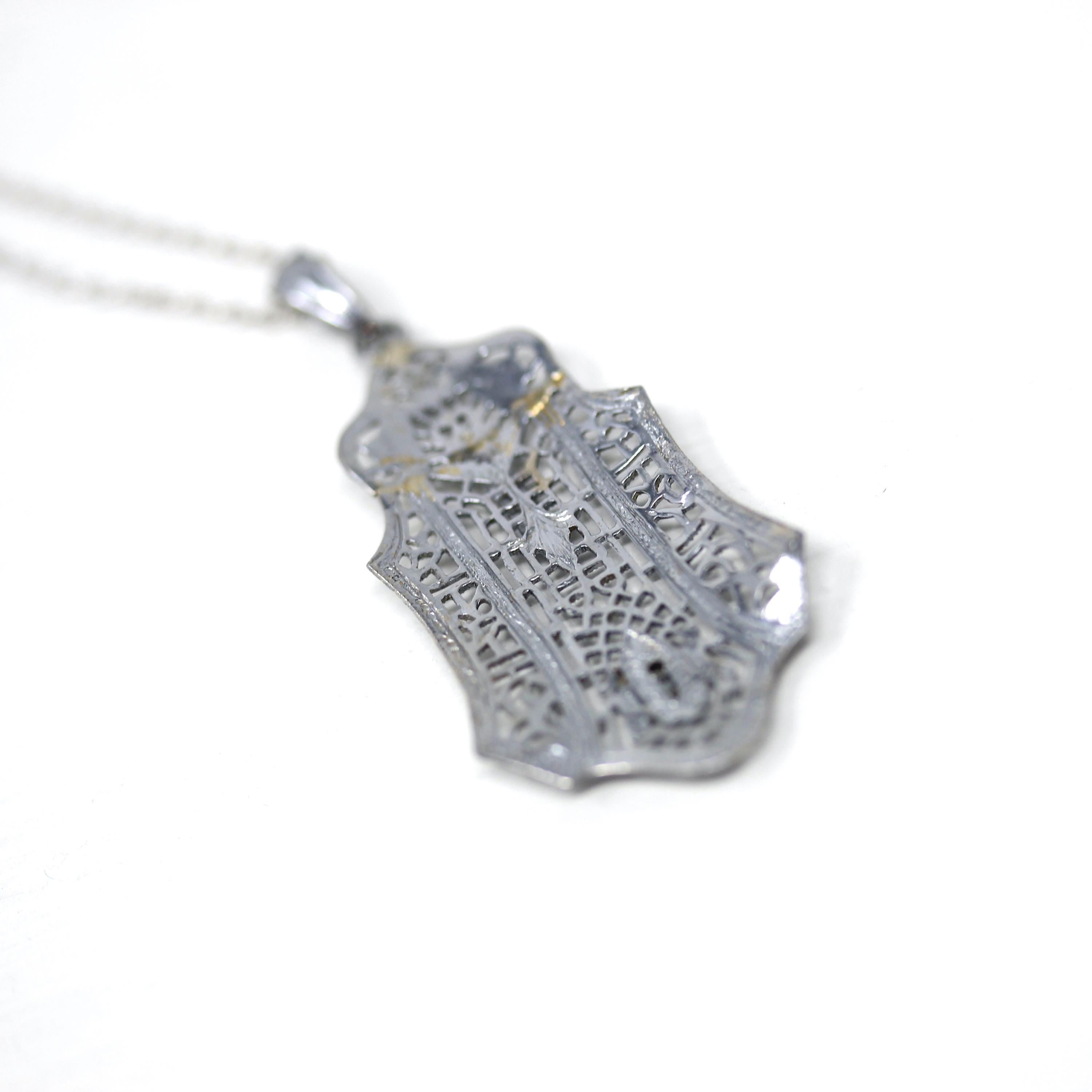 Art Deco Filigree Necklace - Vintage 10k White Gold Natural Diamond Blue Glass Pendant - Circa 1930s Statement Filigree Fine Fashion Jewelry