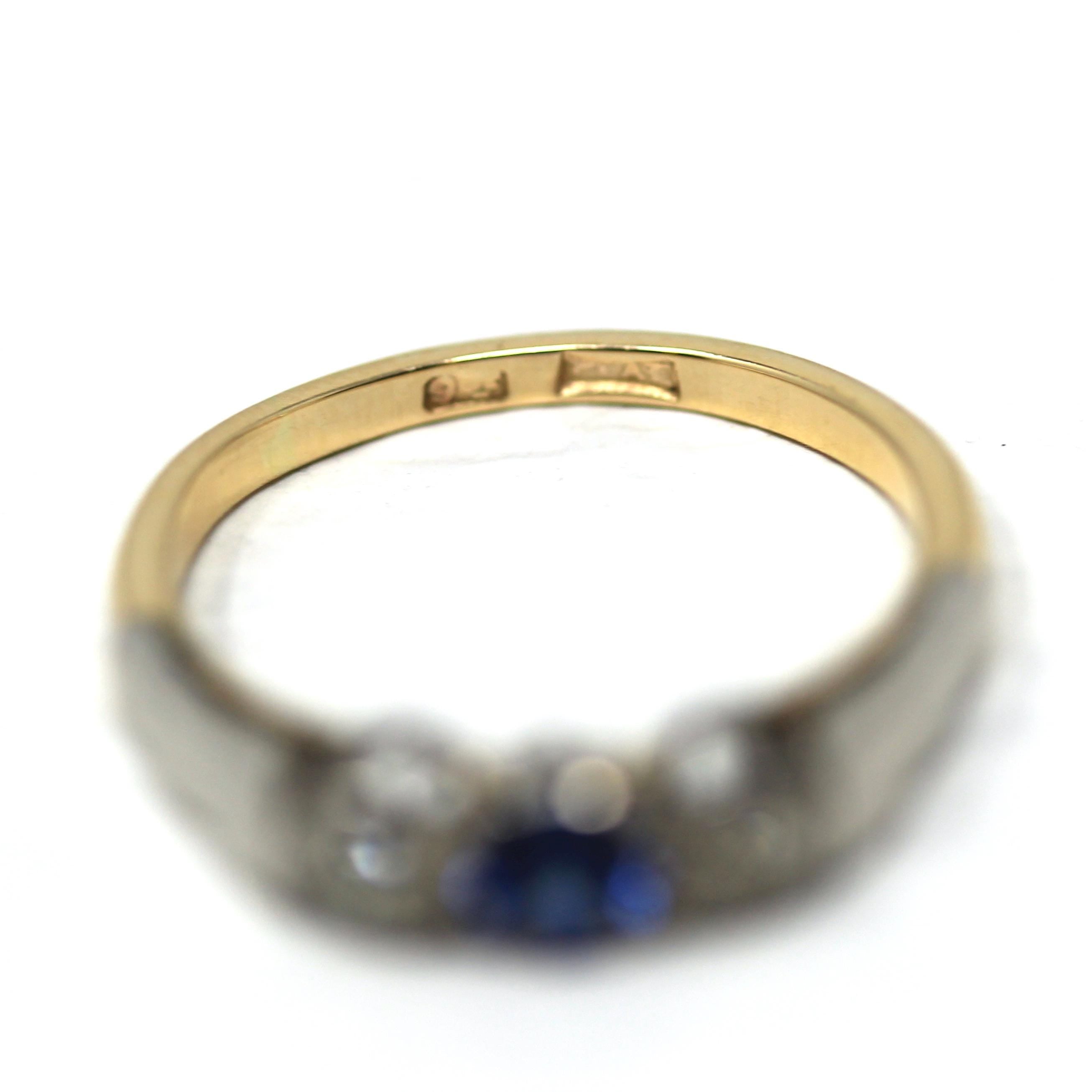 Created Sapphire & Diamond Ring - Mid Century 9k Yellow Gold and Platinum Blue Round Faceted Stone - Vintage 1950s Size 5 3/4 Fine Jewelry