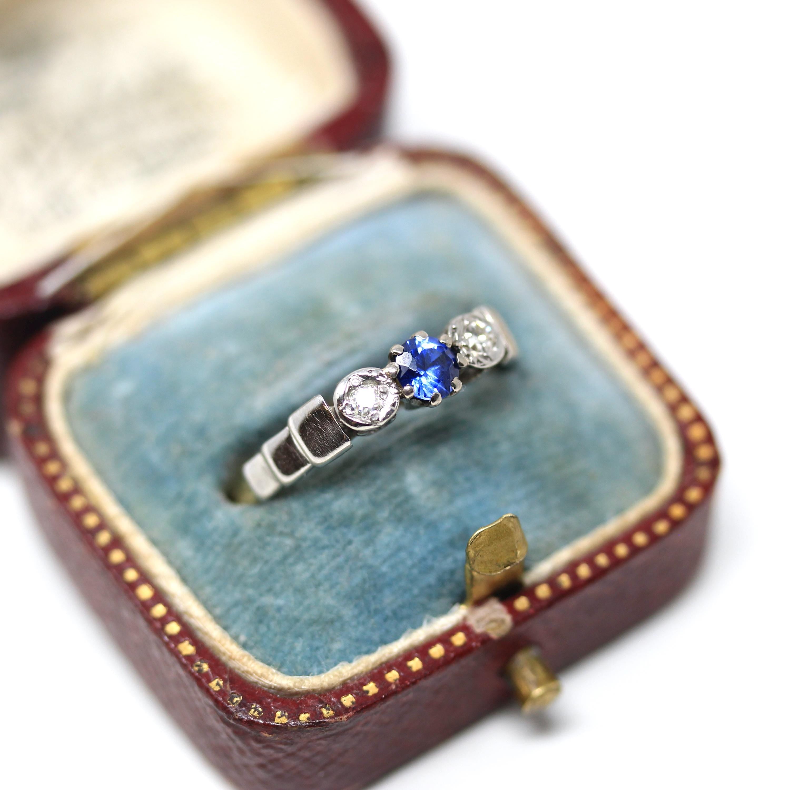 Created Sapphire & Diamond Ring - Mid Century 9k Yellow Gold and Platinum Blue Round Faceted Stone - Vintage 1950s Size 5 3/4 Fine Jewelry