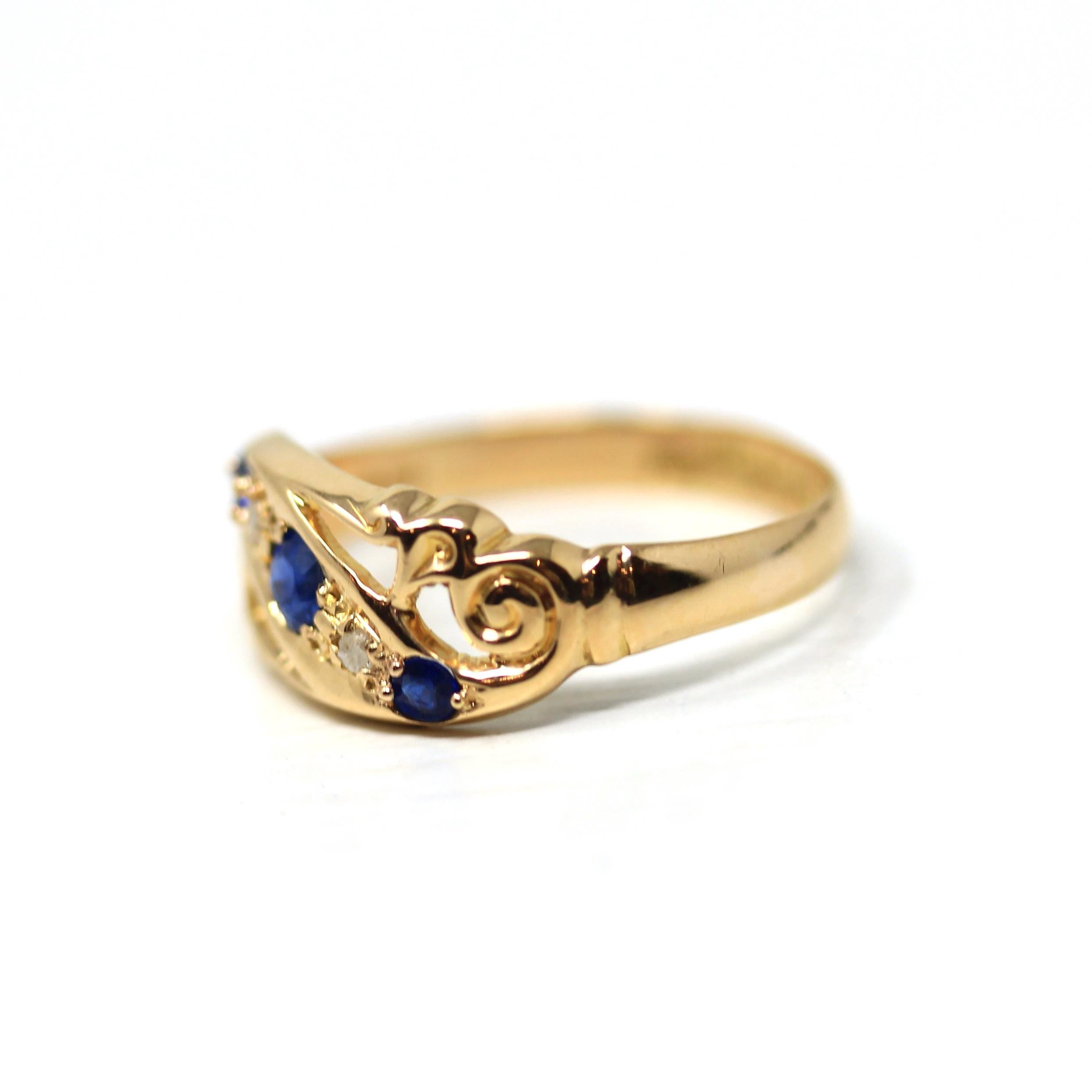 Antique Sapphire & Diamond Ring - Edwardian 18k Yellow Gold Blue Gemstone Band - Hallmark Date 1915 London England Size 6.5 Fine Jewelry