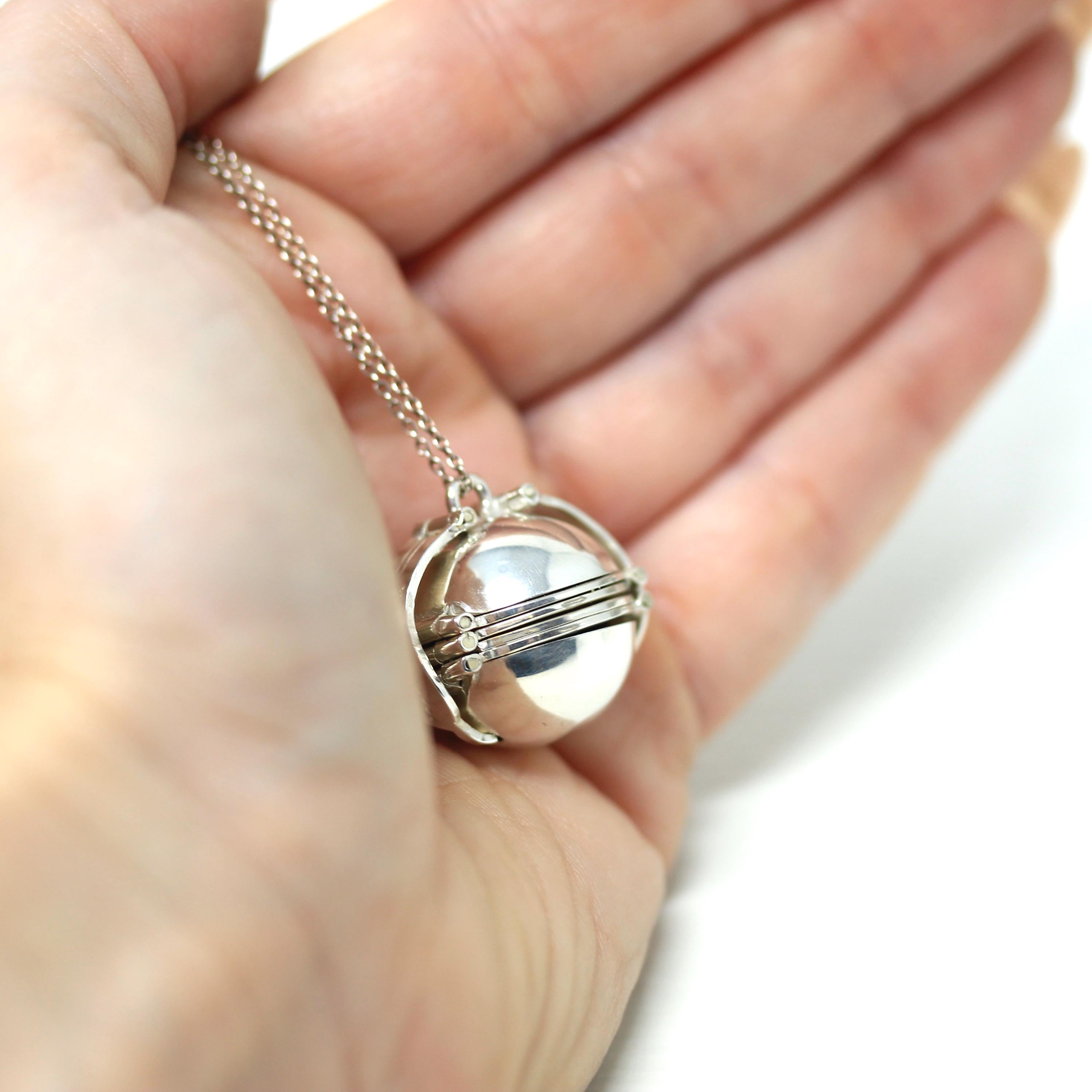 Estate Ball Locket - Modern Sterling Silver Expanding Globe Fob Necklace - Vintage Hinged Compartment Sphere Pendant Open Metal Orb Jewelry