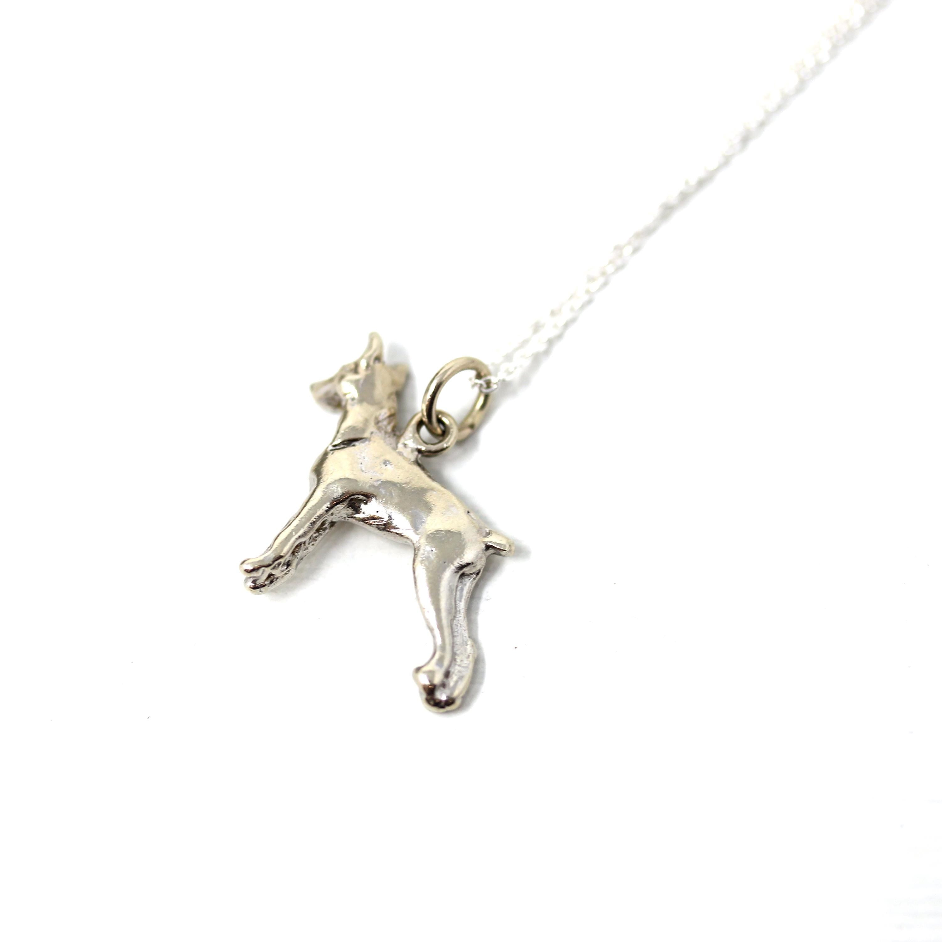 Vintage Doberman Charm - Retro Era 14k White Gold Figural Detailed Heavy Canine Dog Pendant Necklace Circa 1970s - Fine 70s Animal Jewelry