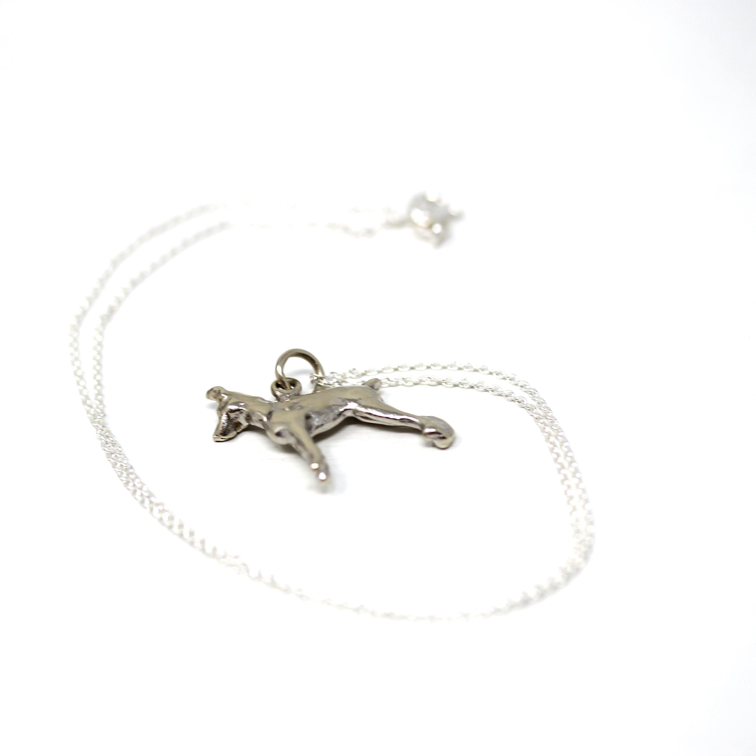 Vintage Doberman Charm - Retro Era 14k White Gold Figural Detailed Heavy Canine Dog Pendant Necklace Circa 1970s - Fine 70s Animal Jewelry
