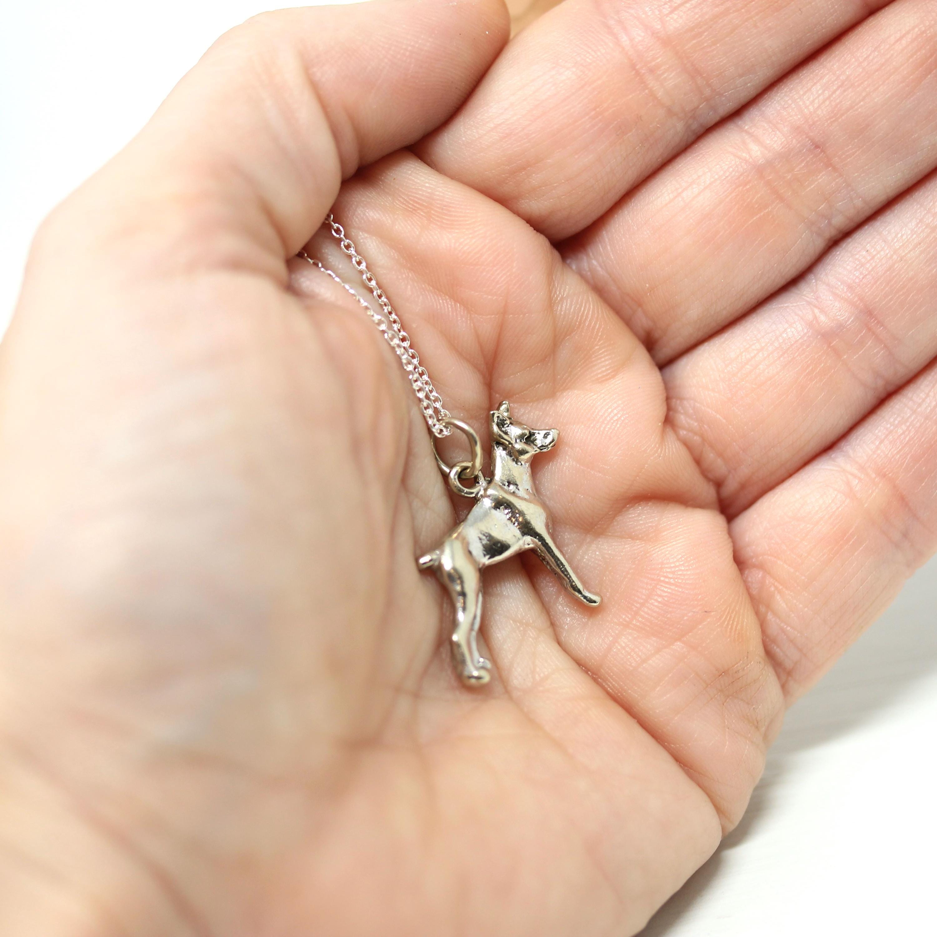 Vintage Doberman Charm - Retro Era 14k White Gold Figural Detailed Heavy Canine Dog Pendant Necklace Circa 1970s - Fine 70s Animal Jewelry