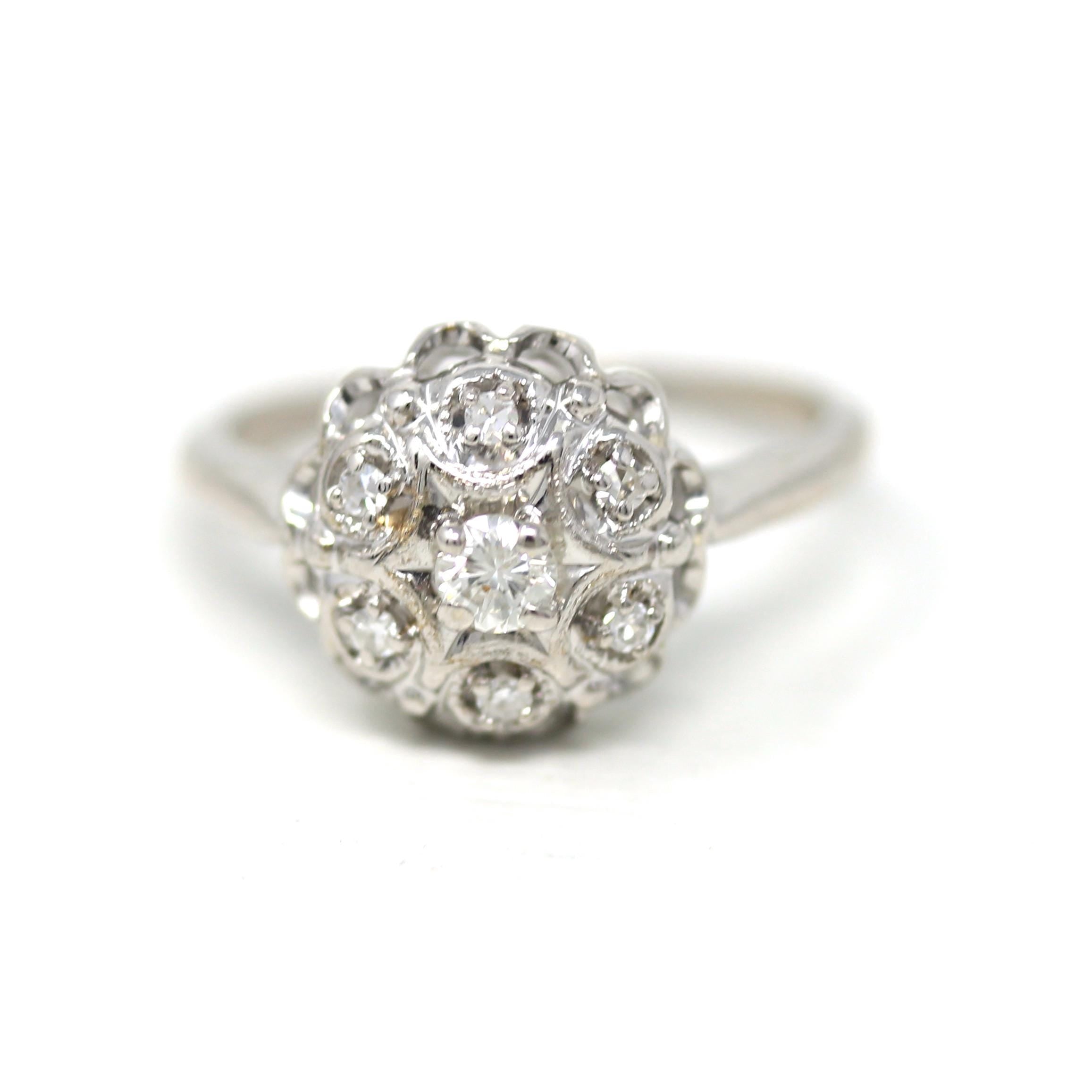 Diamond Cluster Ring - Mid Century 14k White Gold Genuine Natural Gemstones - Vintage Circa 1950s Size 7 Bridal Flower Halo Fine 50s Jewelry