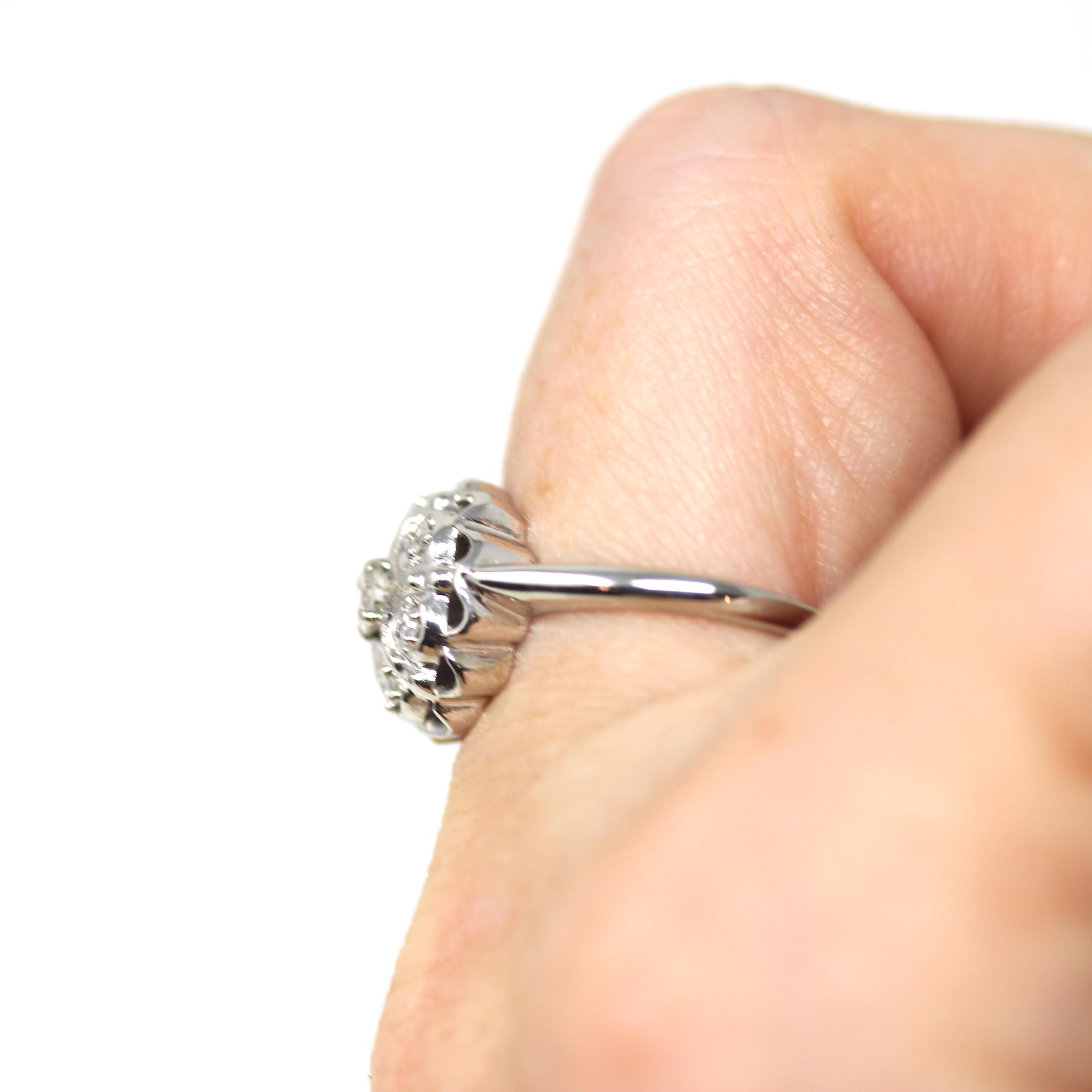Diamond Cluster Ring - Mid Century 14k White Gold Genuine Natural Gemstones - Vintage Circa 1950s Size 7 Bridal Flower Halo Fine 50s Jewelry