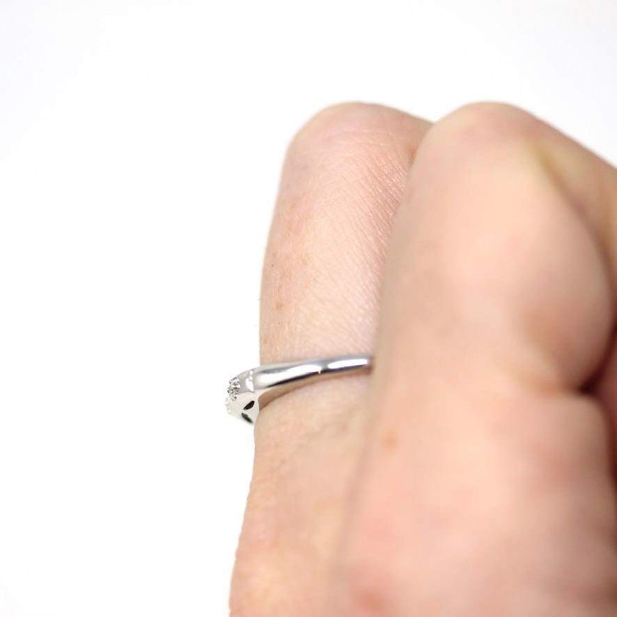 Mid Century Diamond Band - Vintage 14k White Gold 0.02 CT Wedding Ring - Circa 1950s Era Size 6 1/2 Stacking Textured Fine Bridal Jewelry