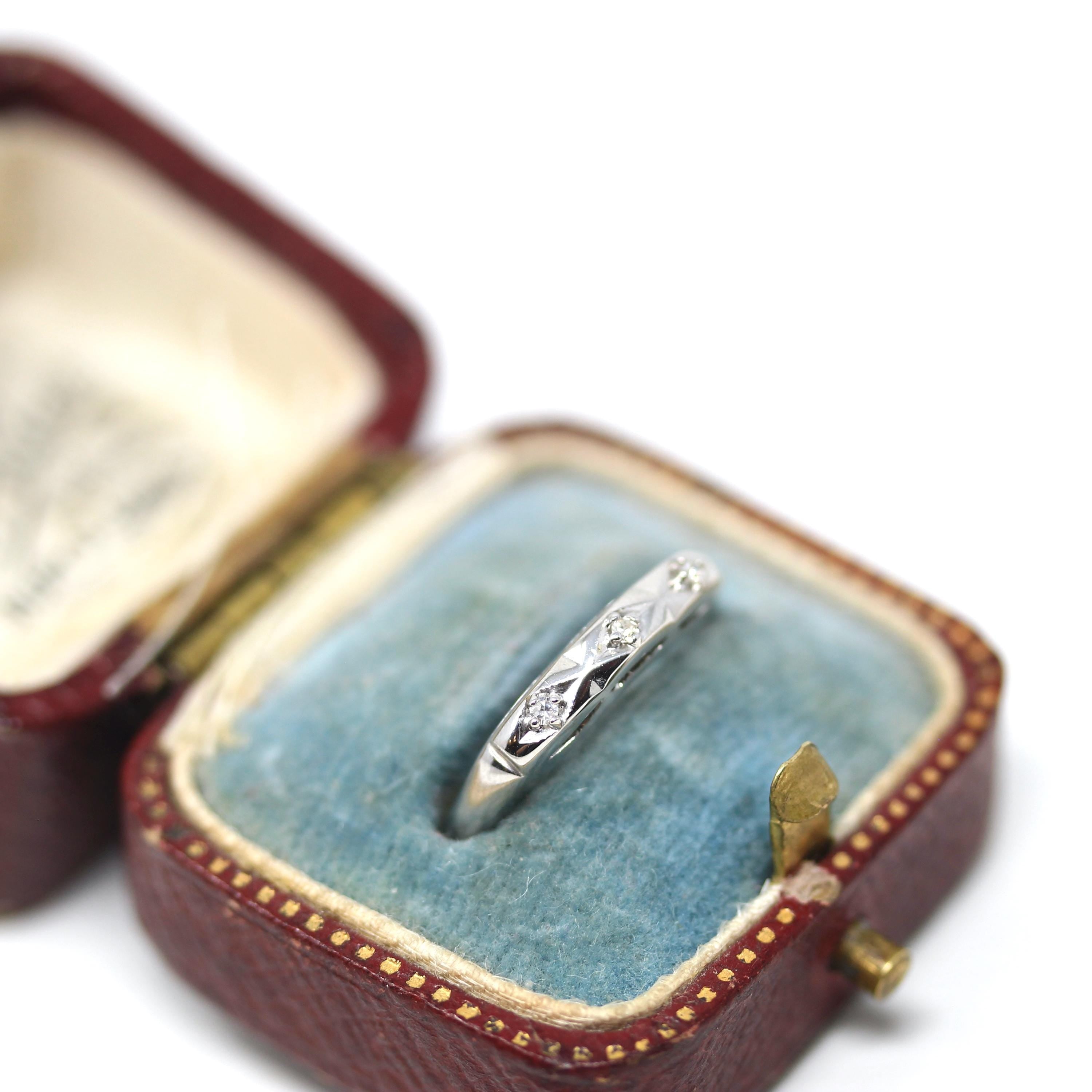 Mid Century Diamond Band - Vintage 14k White Gold 0.02 CT Wedding Ring - Circa 1950s Era Size 6 1/2 Stacking Textured Fine Bridal Jewelry