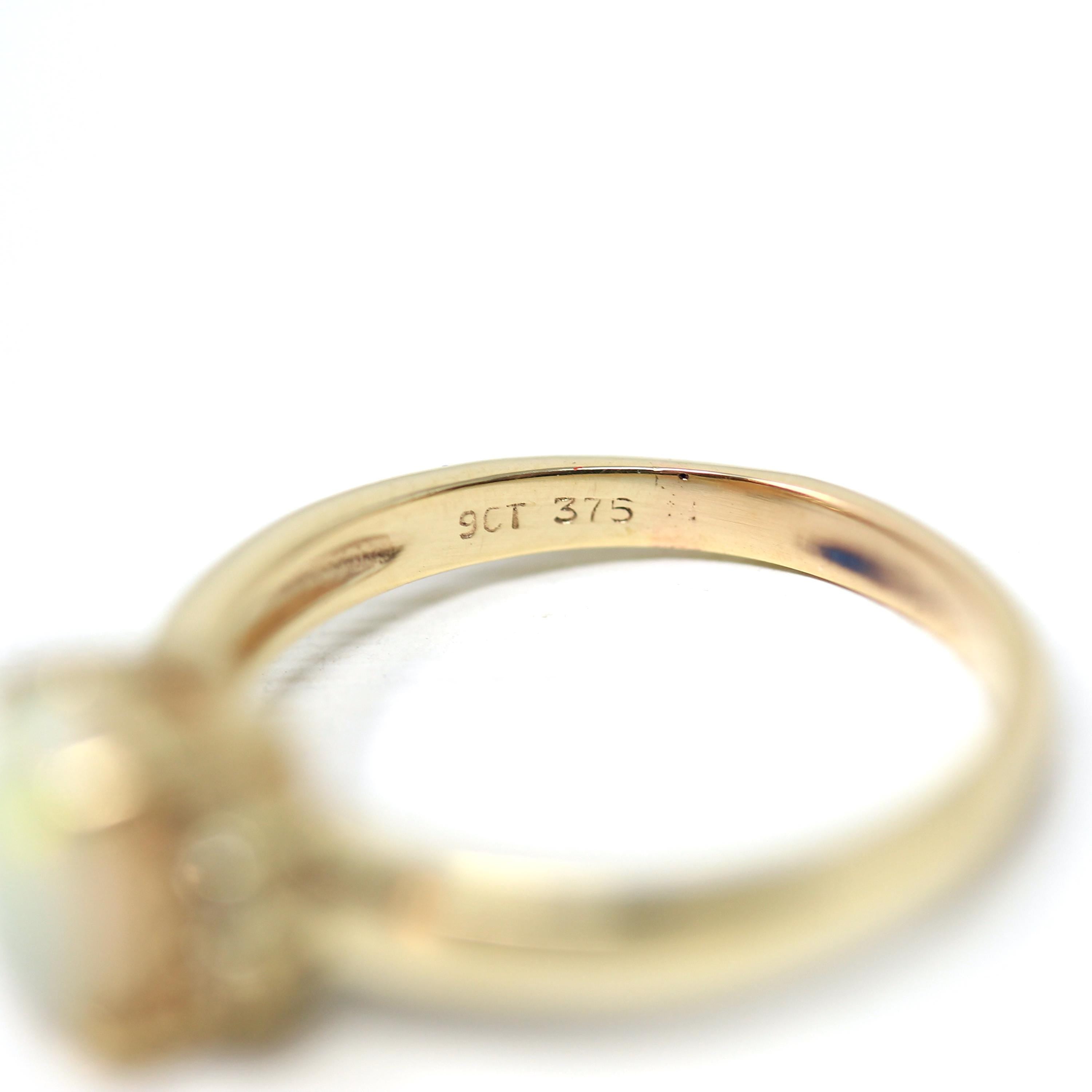 Opal & Diamond Ring - Modern 9ct Yellow Gold Oval Cut October Birthstone Gemstone - Circa 2000's Era Size 6 Fine Estate Statement Jewelry