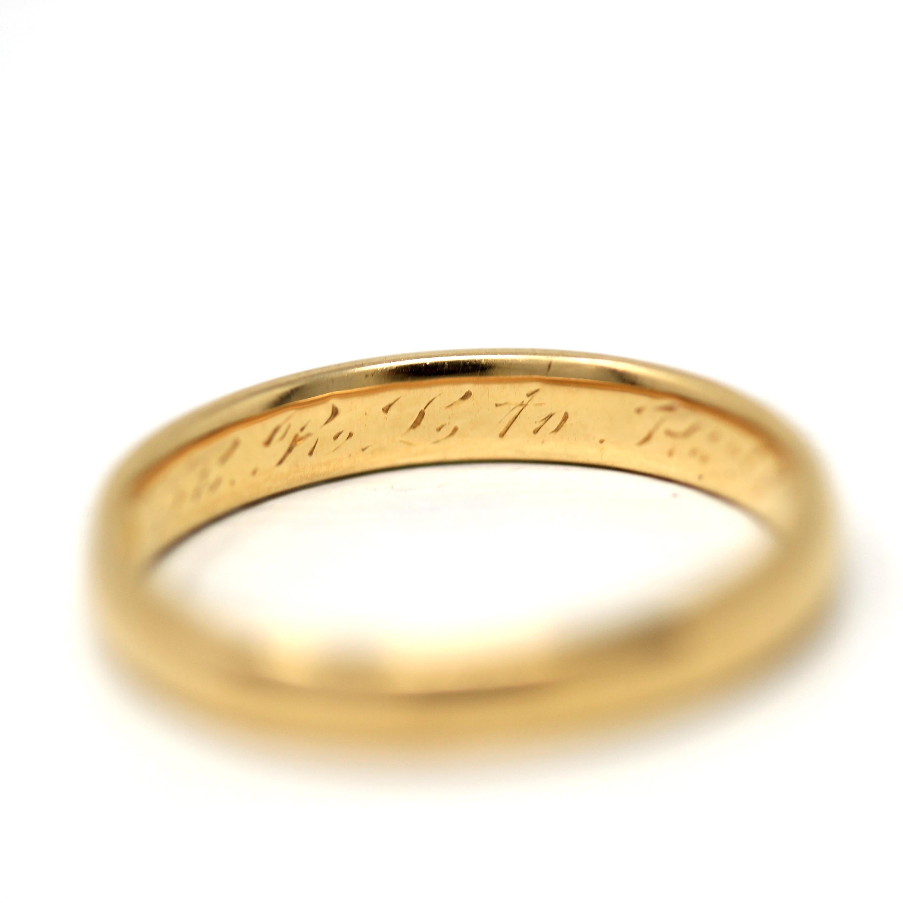 Antique Wedding Band - Edwardian Era 18k Yellow Gold Unadorned Wedding Ring - Engraved Date 1919 Size 7 1/2 Fine Inscribed Bridal Jewelry
