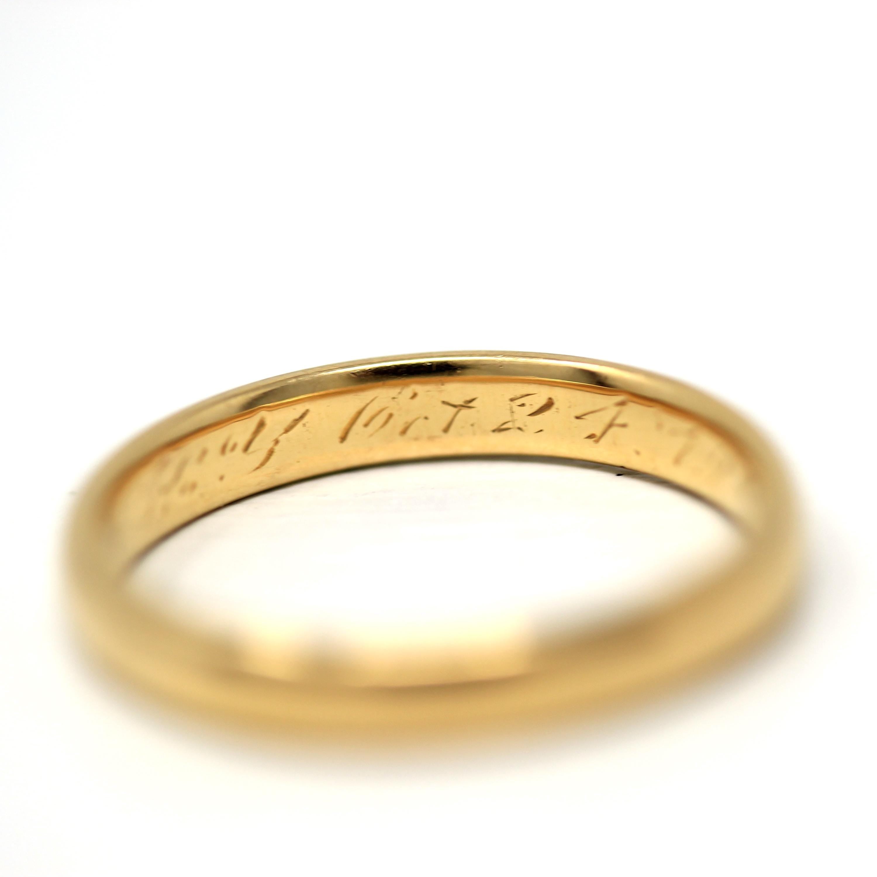 Antique Wedding Band - Edwardian Era 18k Yellow Gold Unadorned Wedding Ring - Engraved Date 1919 Size 7 1/2 Fine Inscribed Bridal Jewelry