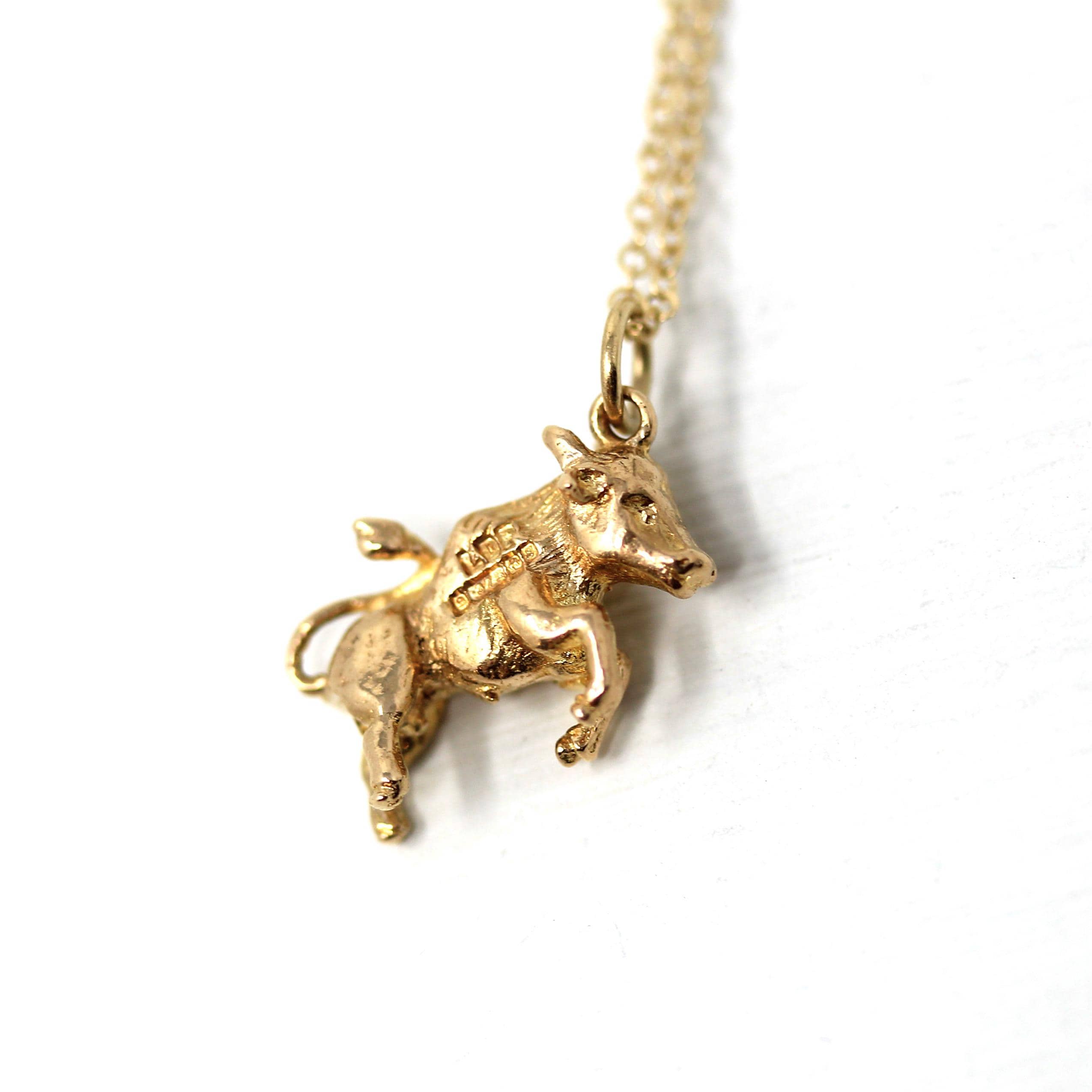 Vintage Taurus Charm - Retro Era 9k Yellow Gold Dainty Figural Bull Pendant Necklace - Hallmark Date 1967 Astrological Fine Zodiac Jewelry
