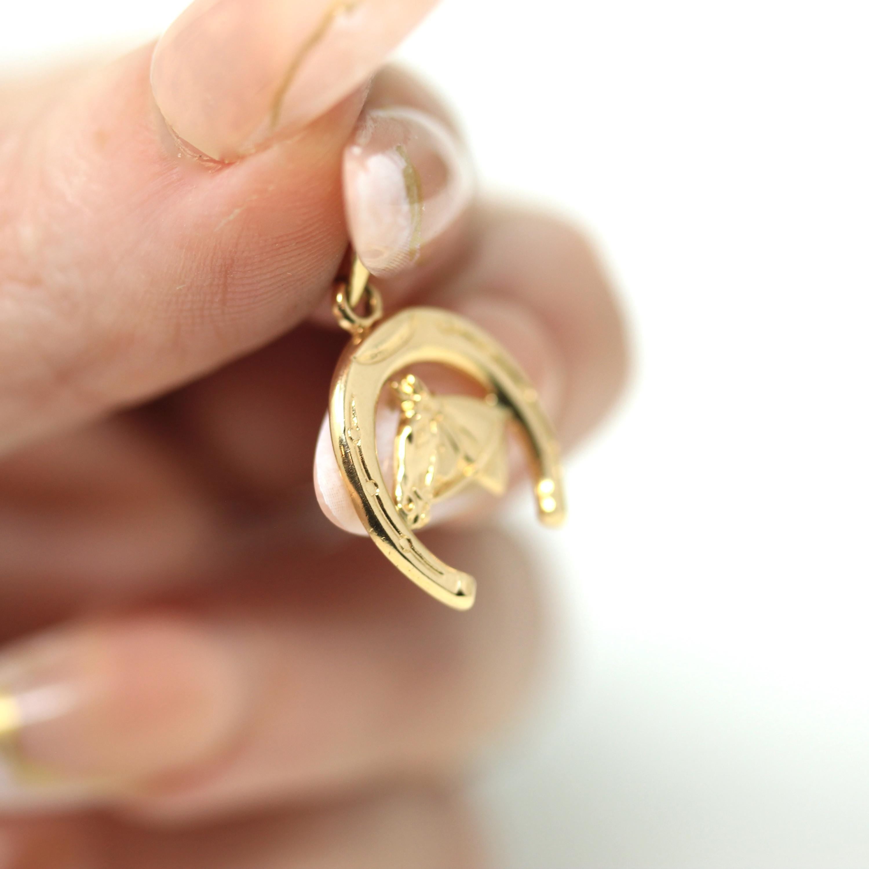 Vintage Equestrian Charm - Modern Estate 14k Yellow Gold Dainty Figural Equine Horse & Shoe Pendant Necklace - Circa 2000s Fine Y2K Jewelry