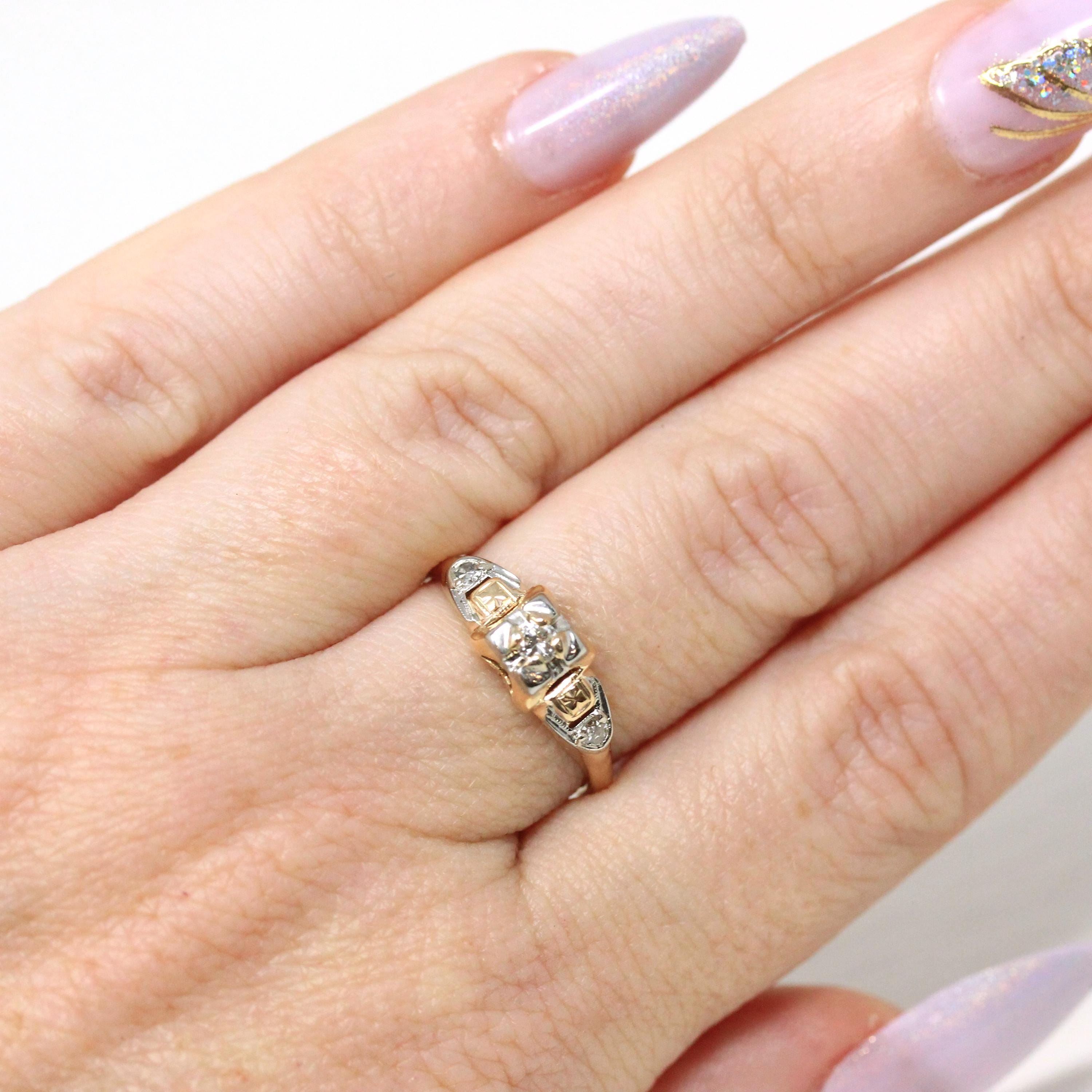 Vintage Diamond Ring - 14k Yellow Gold Round .10 CTW Three Stone Engagement - Retro 40s Size 5 1/4 Illusion Head Fine Engagement Jewelry