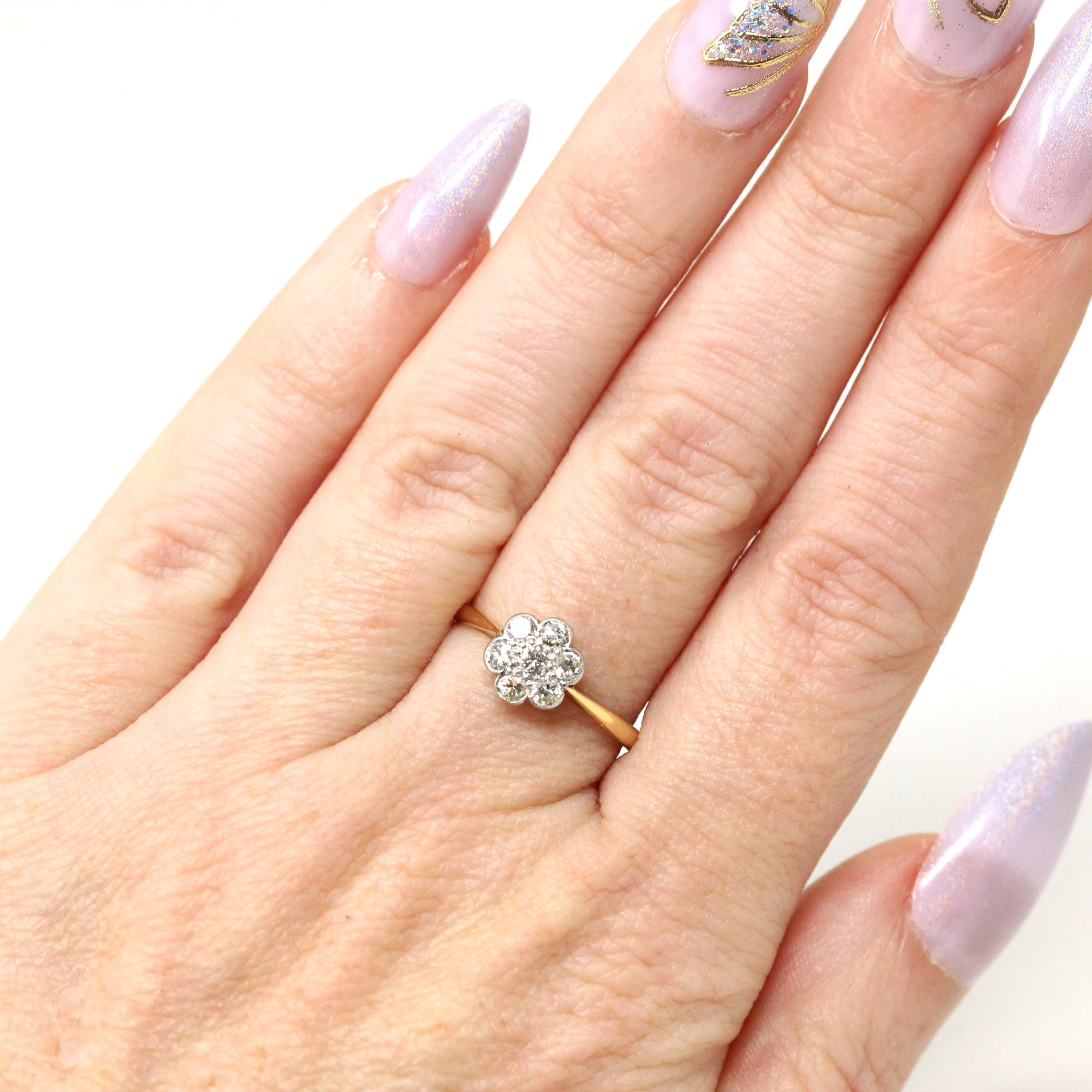 Diamond Flower Ring - Retro 18k Yellow Gold & Platinum Natural Gemstones - Vintage Circa 1940s Era Size 5 3/4 Cluster Fine Floral Jewelry