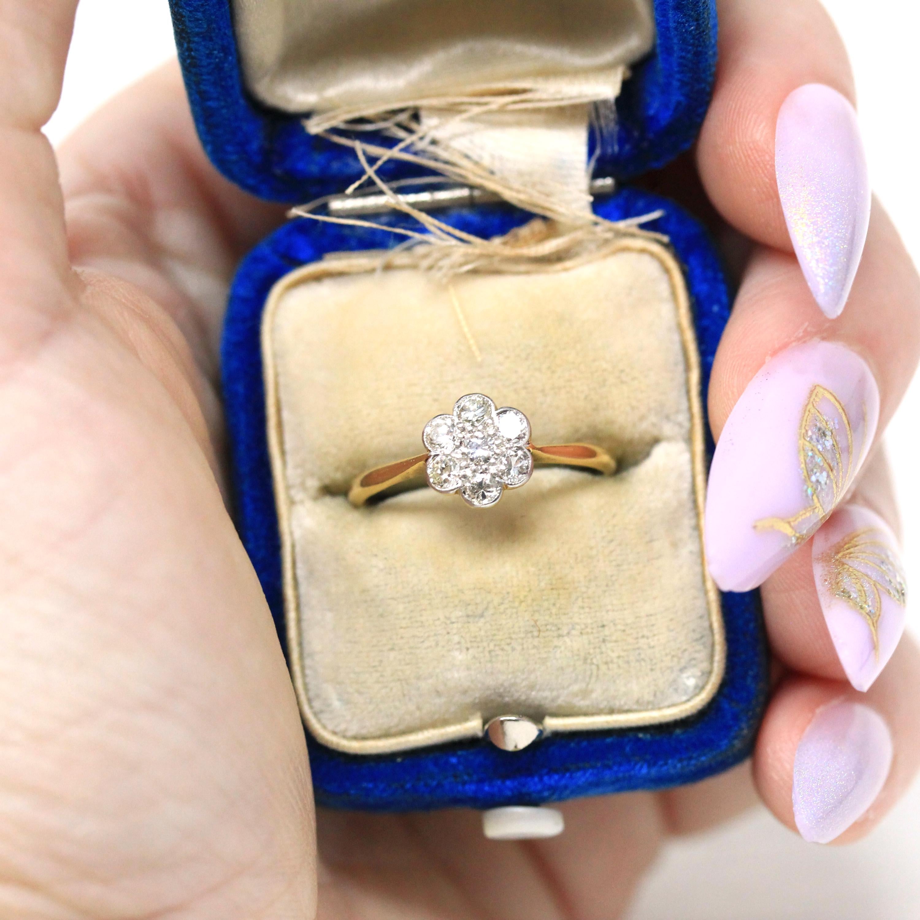 Diamond Flower Ring - Retro 18k Yellow Gold & Platinum Natural Gemstones - Vintage Circa 1940s Era Size 5 3/4 Cluster Fine Floral Jewelry