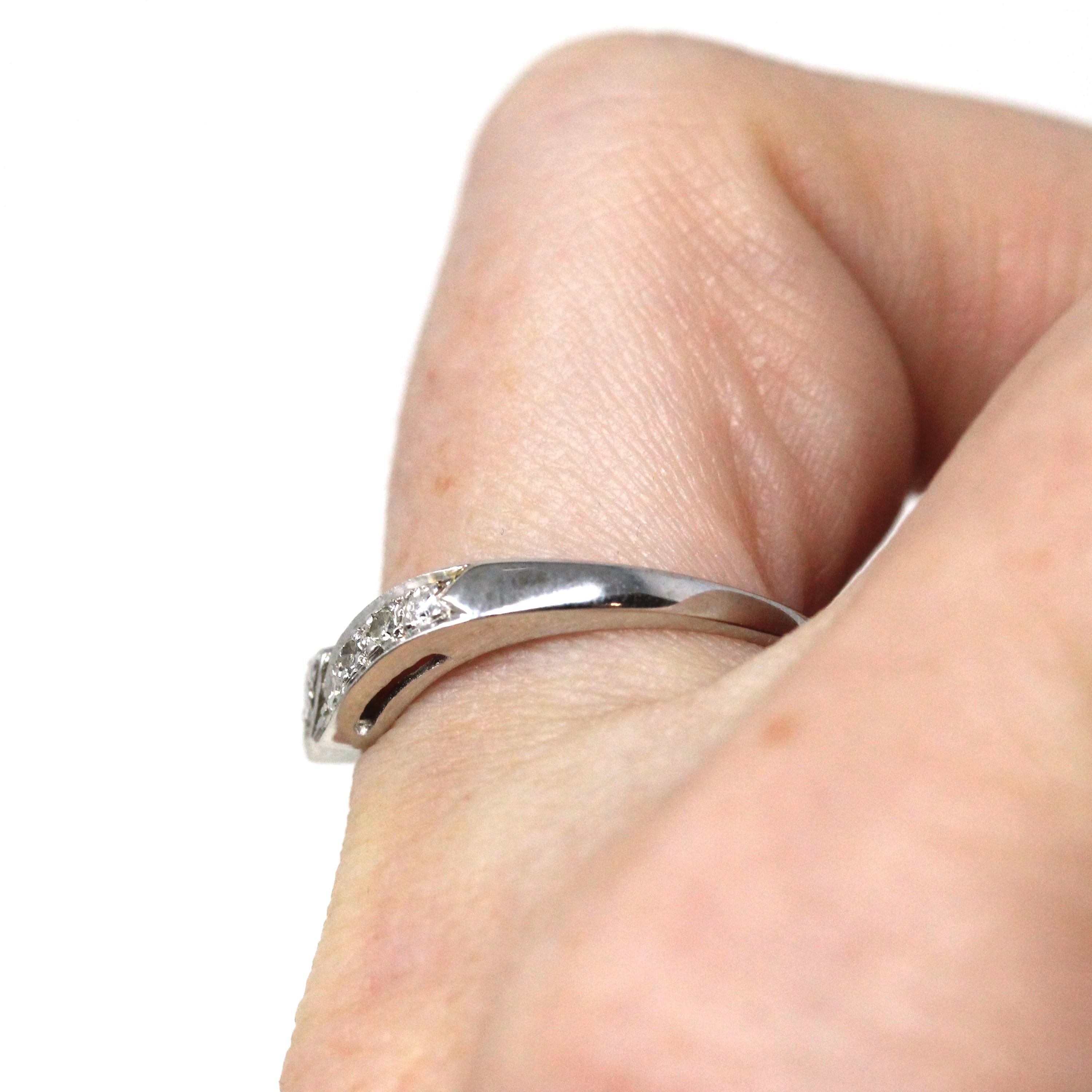 Mid Century Wedding Band - Vintage 14k White Gold 0.12 CTW Six Round Single Cut Diamond Ring - Circa 1950s Size 7 Fine Bridal Jewelry