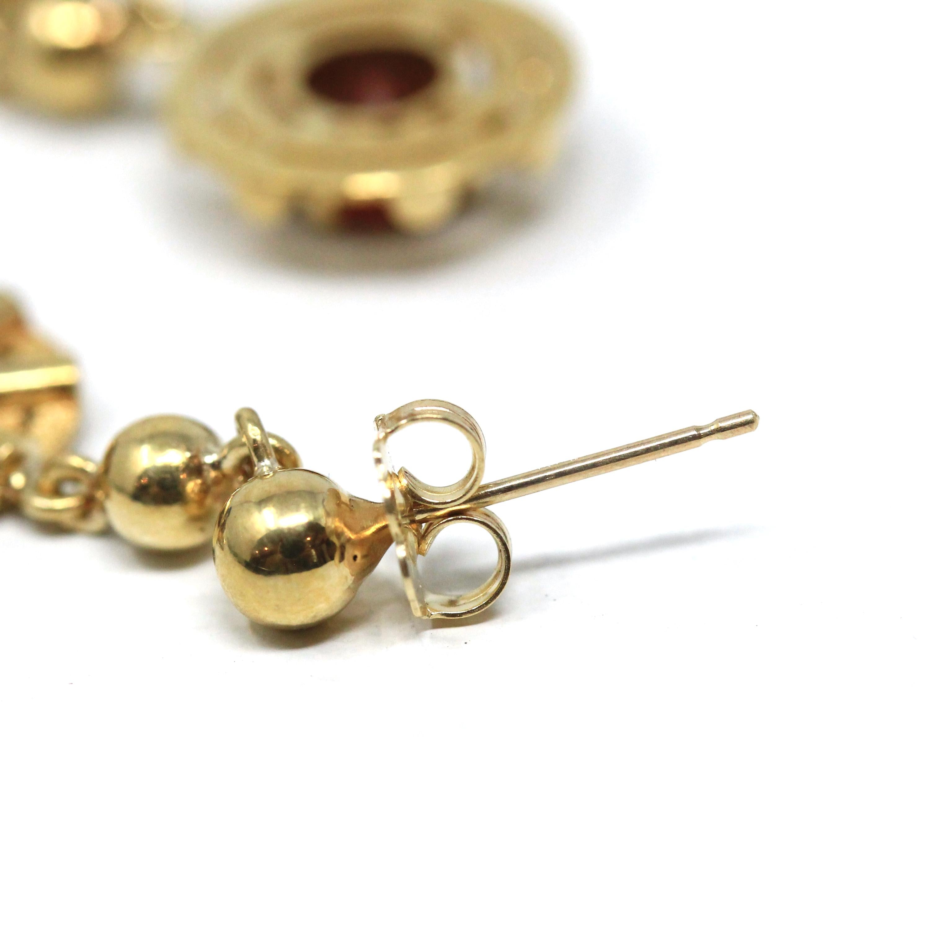 Retro Citrine Earrings - Vintage 22k Yellow Gold Pierced Push Back Dangle Dark Orange .67 CT Gems - Circa 1970s Era Fine Statement Jewelry