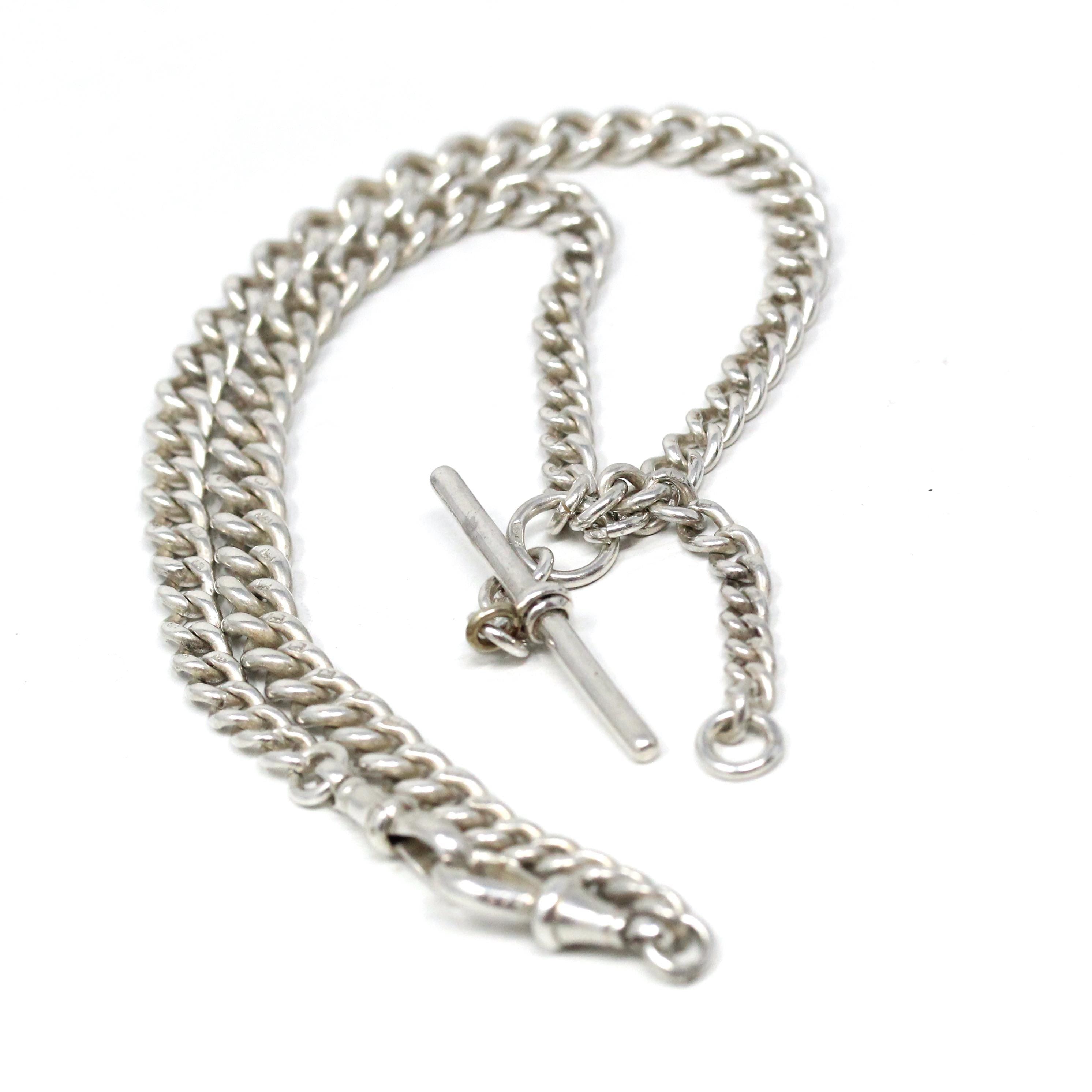 Pocket Watch Chain - Victorian Sterling Silver English Hallmark Curb Links Necklace - Antique Circa 1890s Era Fine Unisex Statement Jewelry