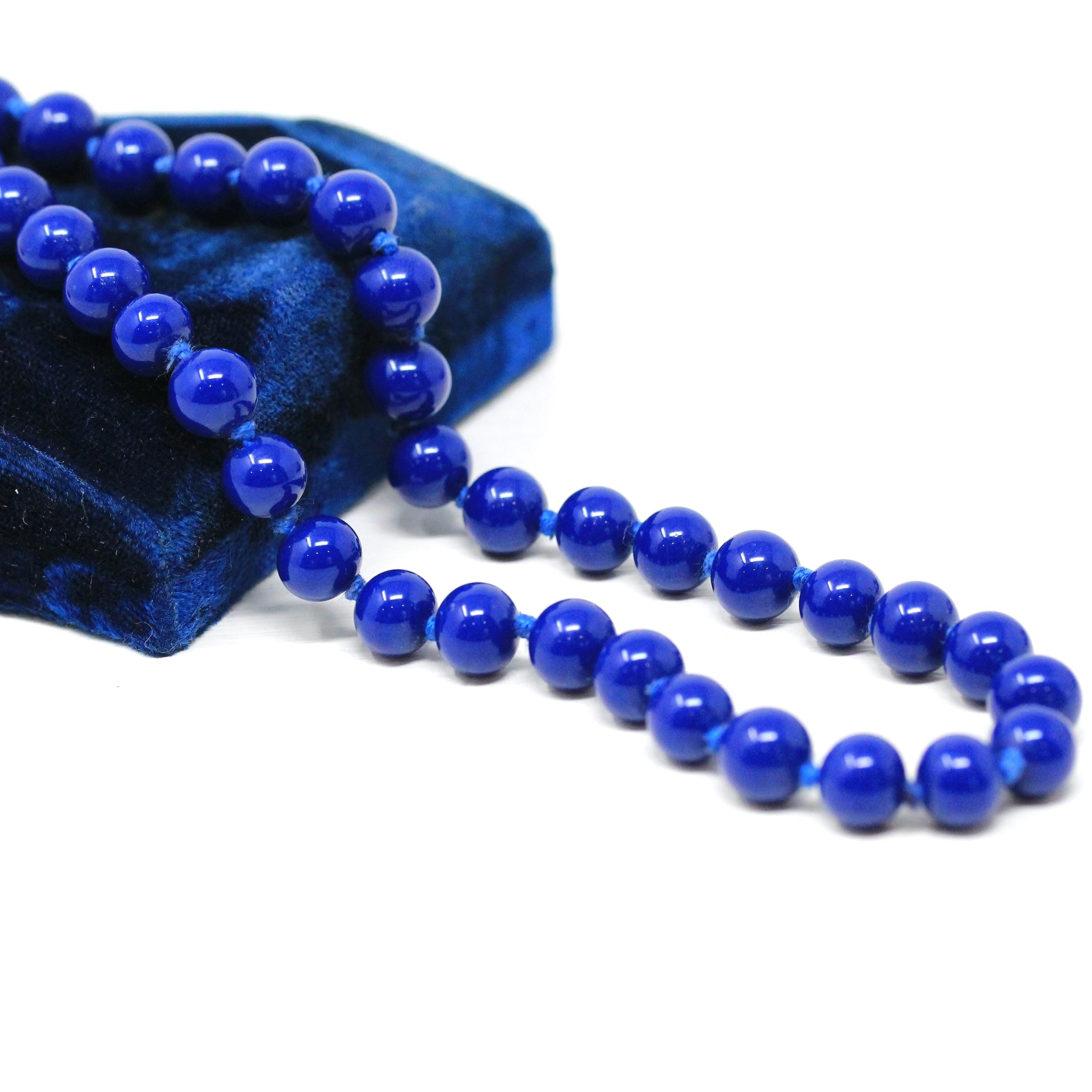 Vintage Beaded Necklace - Retro Sterling Silver Blue Round Glass Beads - Circa 1960s Era 17" Inch Statement Fashion Accessory 60s Jewelry