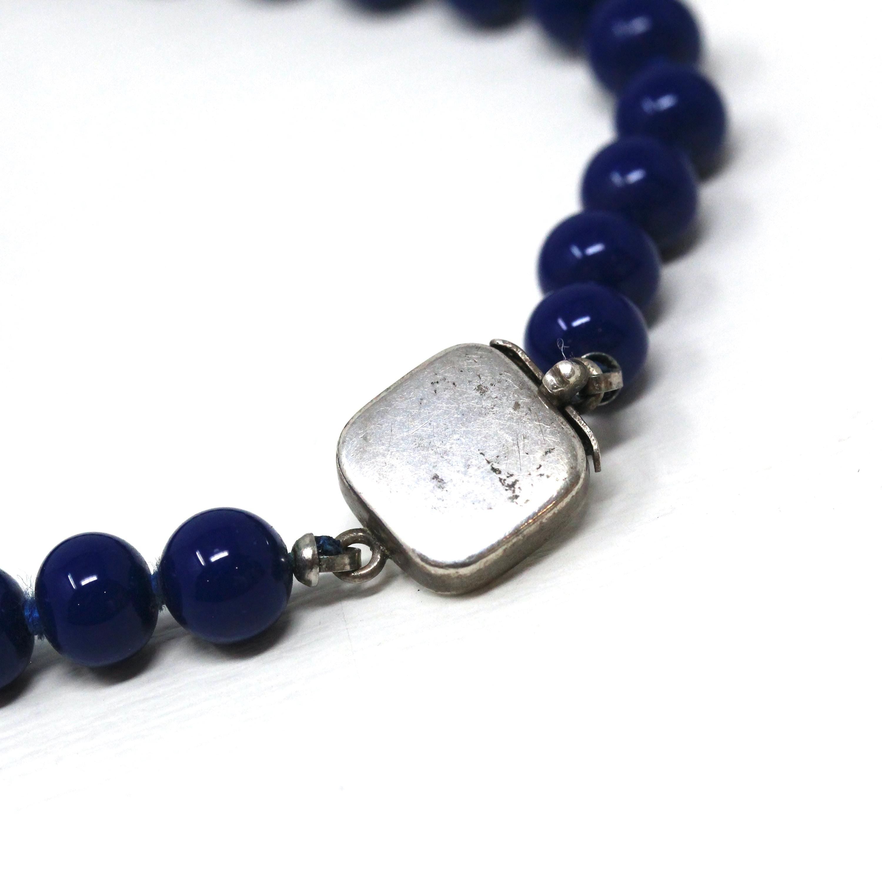 Vintage Beaded Necklace - Retro Sterling Silver Blue Round Glass Beads - Circa 1960s Era 17" Inch Statement Fashion Accessory 60s Jewelry