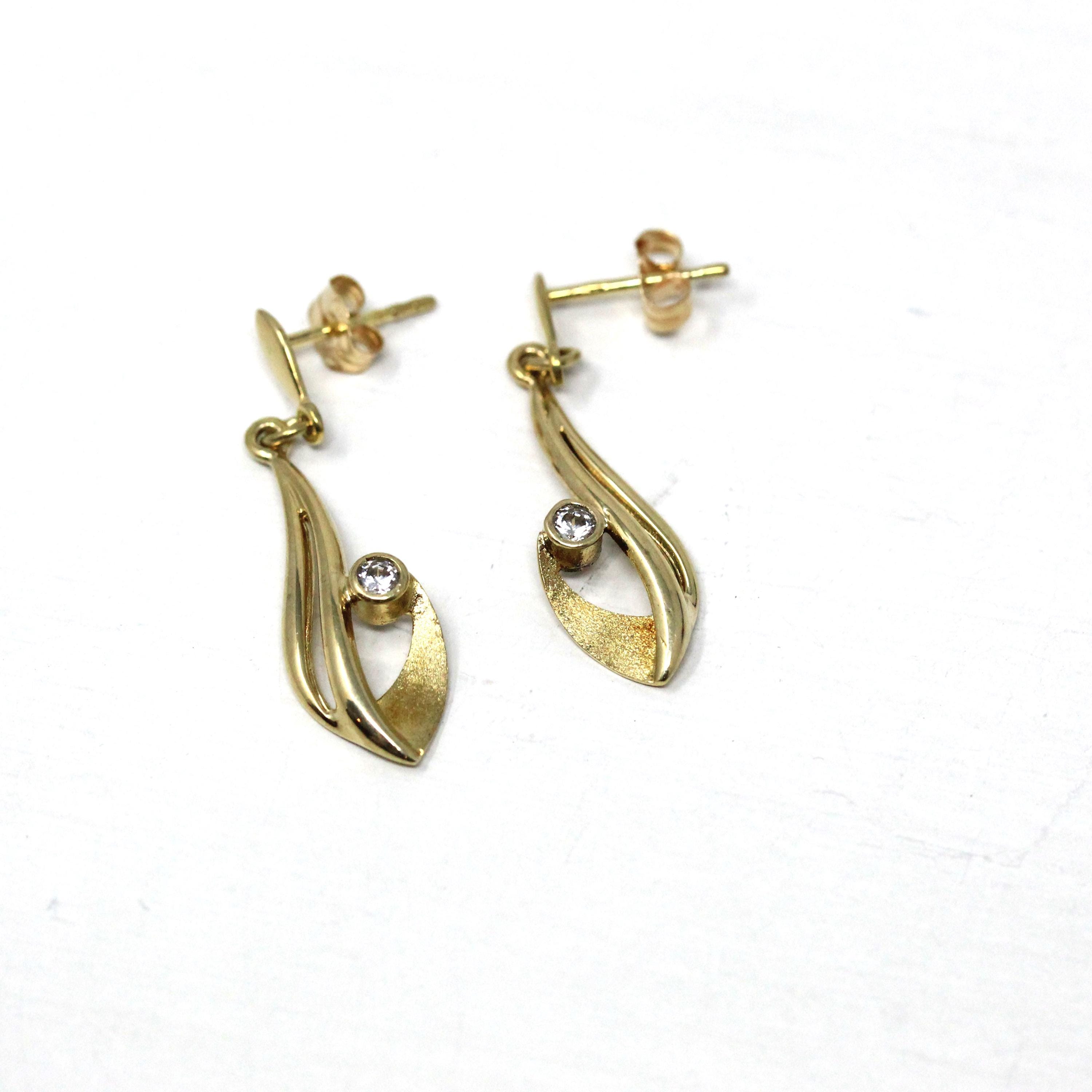Cubic Zirconia Earrings - Modern 10k Yellow Gold Pierced Push Backs Dangle Drop Style - Estate Circa 2000's Era Fashion Accessory Jewelry