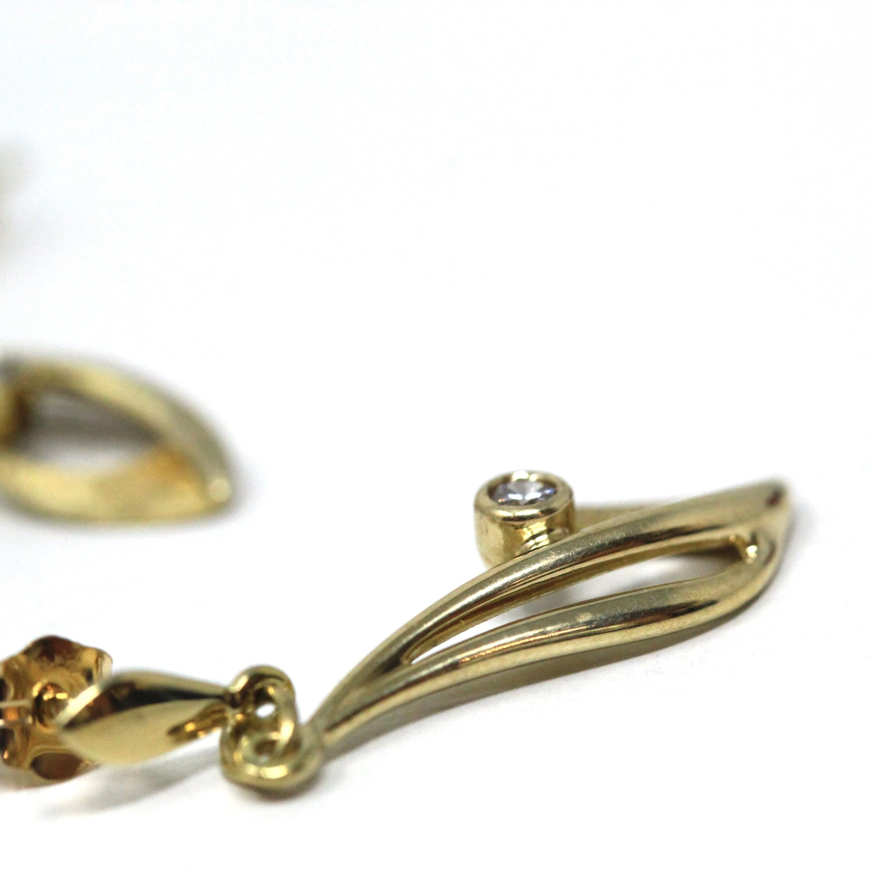 Cubic Zirconia Earrings - Modern 10k Yellow Gold Pierced Push Backs Dangle Drop Style - Estate Circa 2000's Era Fashion Accessory Jewelry