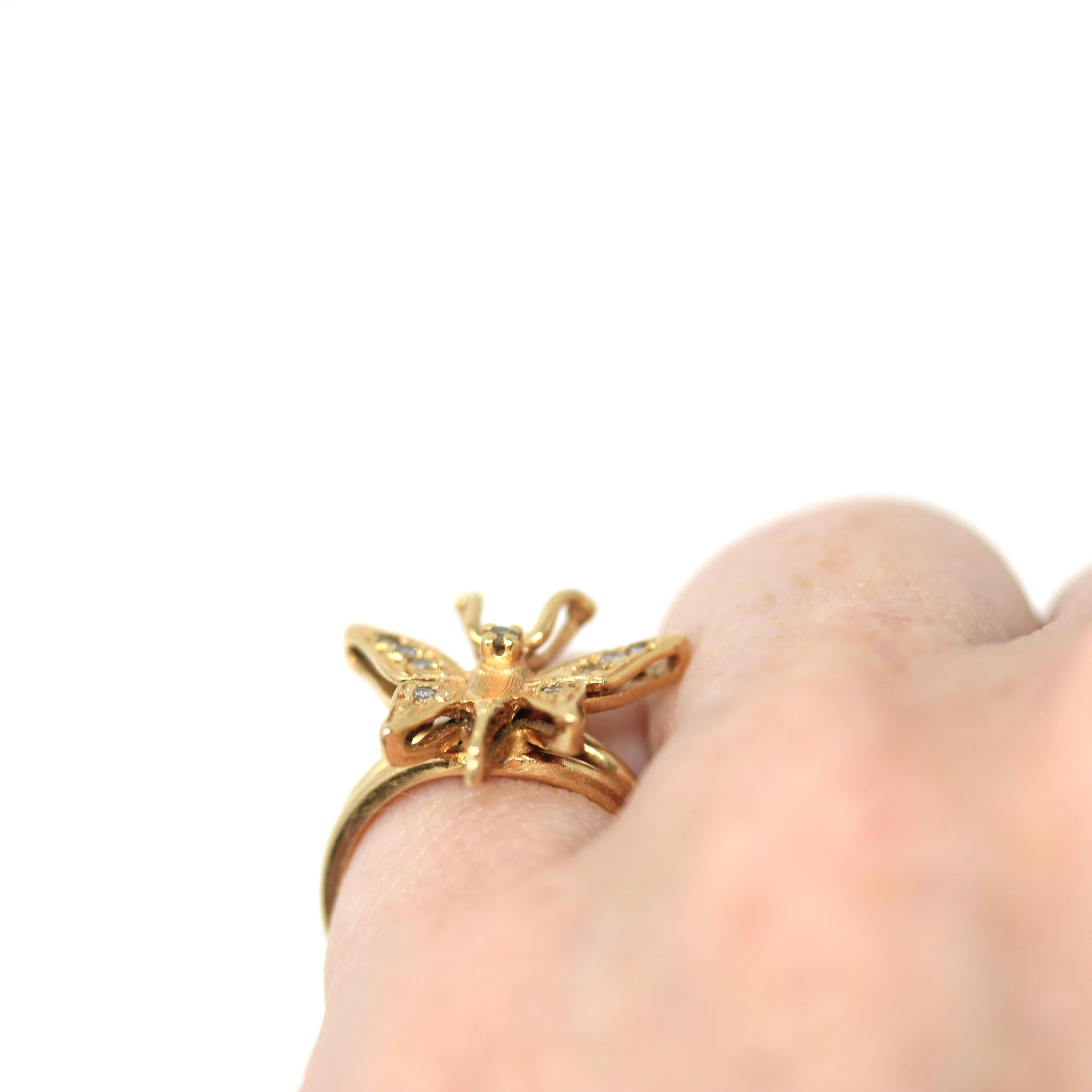 Estate Butterfly Ring - Modern 14k Yellow Gold Natural Diamond Gemstones - Circa 1990s Size 3 1/4 Statement Figural Winged Bug Fine Jewelry