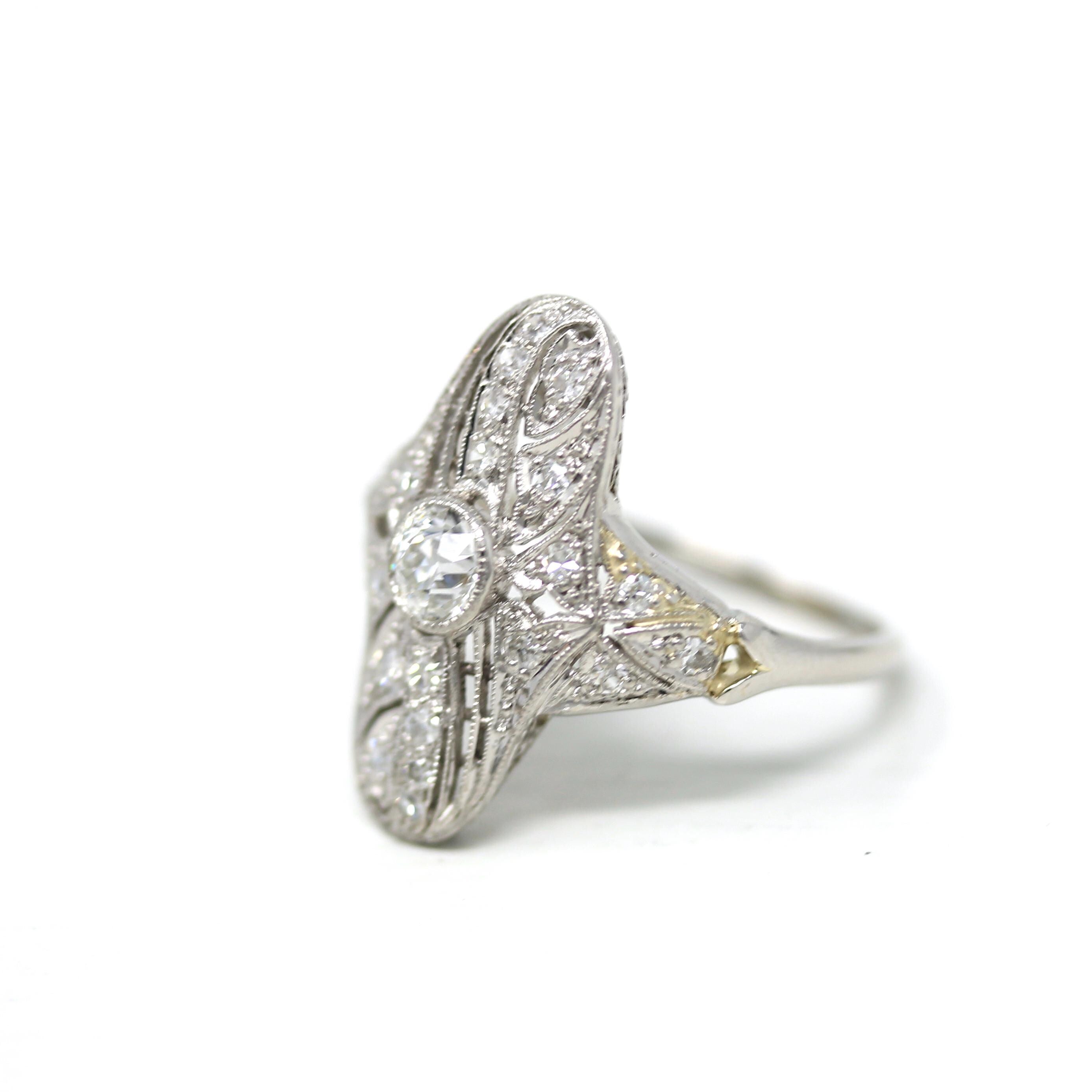 Art Deco Shield Ring - Vintage Platinum Natural Genuine Diamond Statement Filigree - Antique 1920s Era Size 6 1/4 Handmade Fine 20s Jewelry
