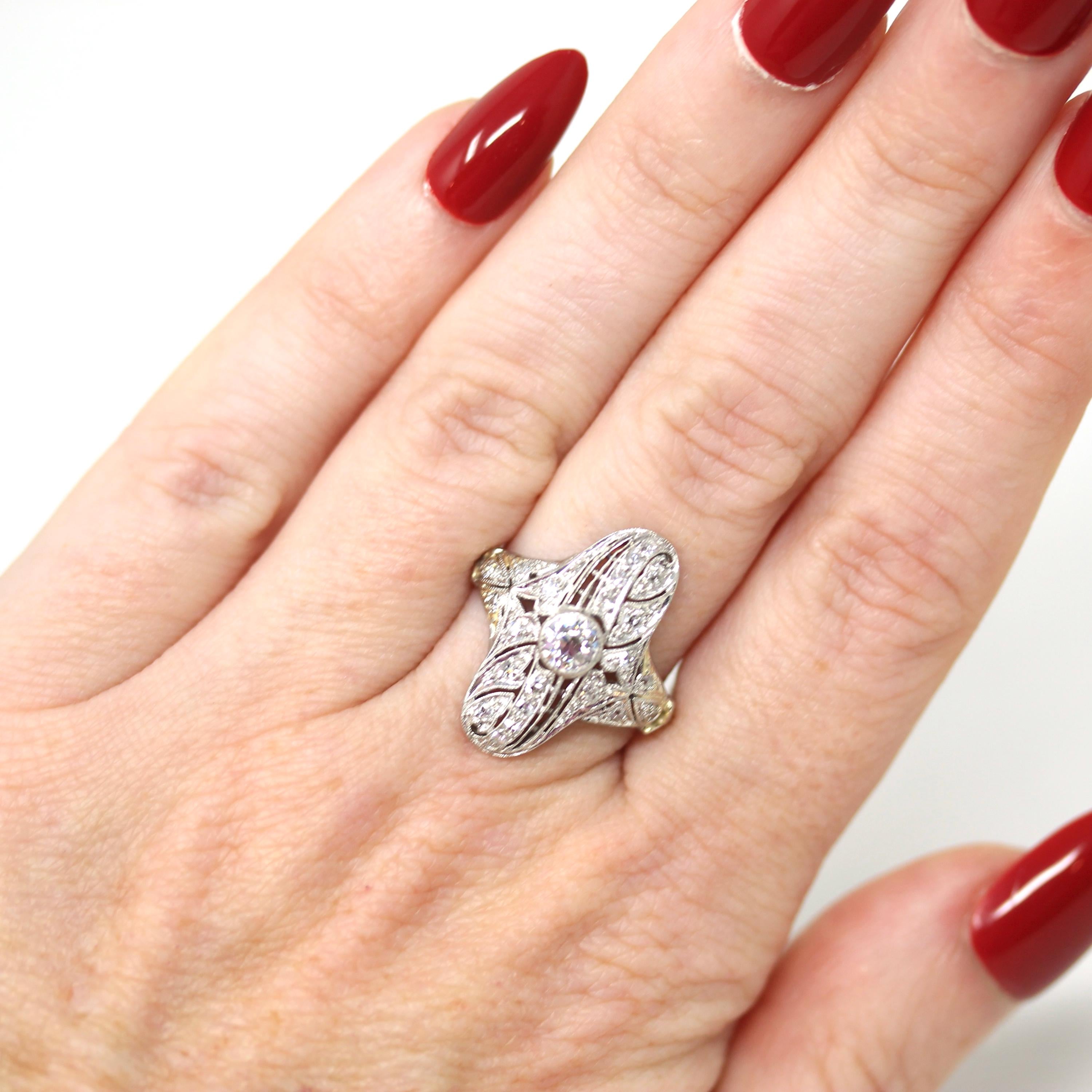Art Deco Shield Ring - Vintage Platinum Natural Genuine Diamond Statement Filigree - Antique 1920s Era Size 6 1/4 Handmade Fine 20s Jewelry