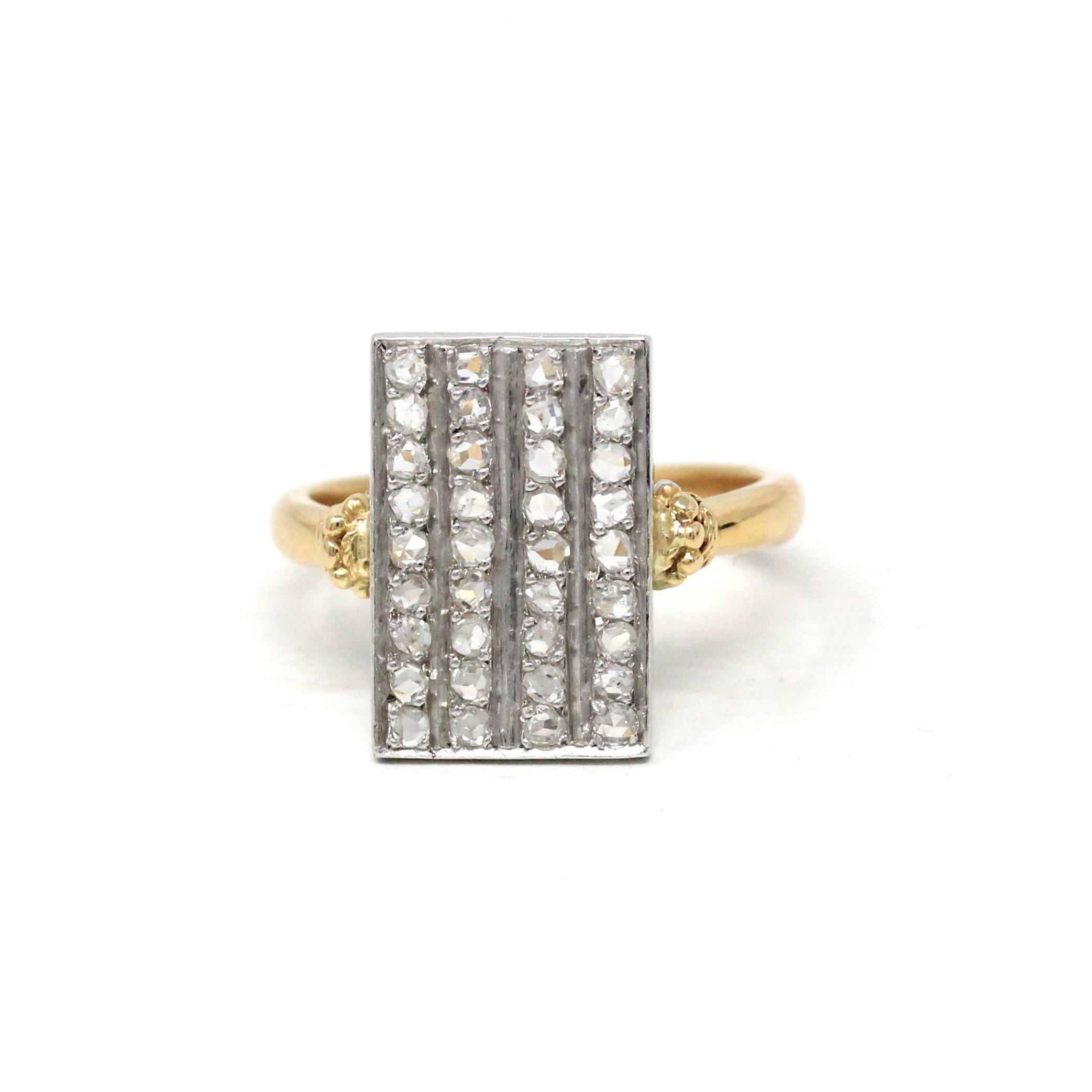 Diamond Shield Ring - Modern 18k Yellow Gold & Platinum Two Tone Natural Rose Cut Gems - Estate Vintage Fine Rectangular Statement Jewelry