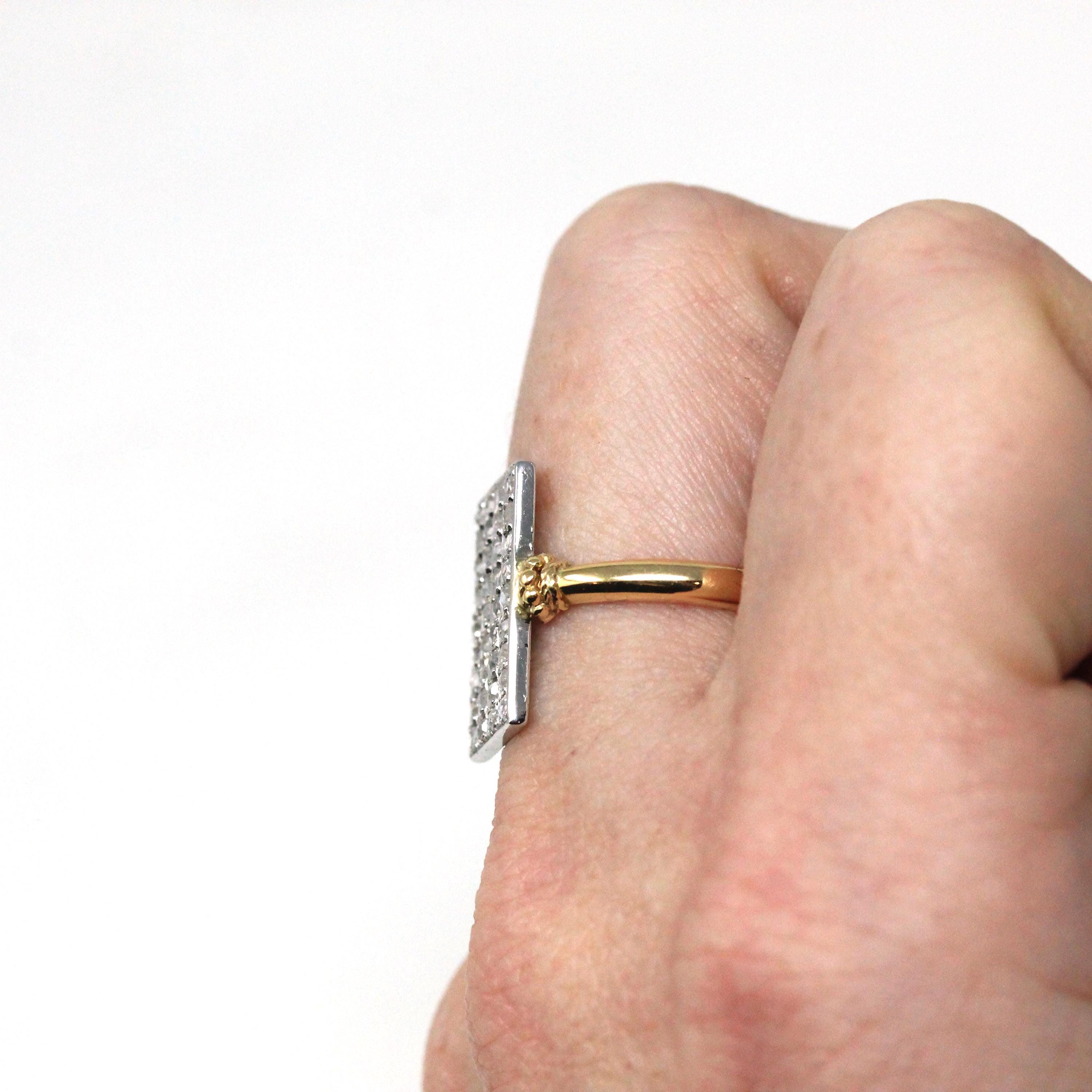 Diamond Shield Ring - Modern 18k Yellow Gold & Platinum Two Tone Natural Rose Cut Gems - Estate Vintage Fine Rectangular Statement Jewelry