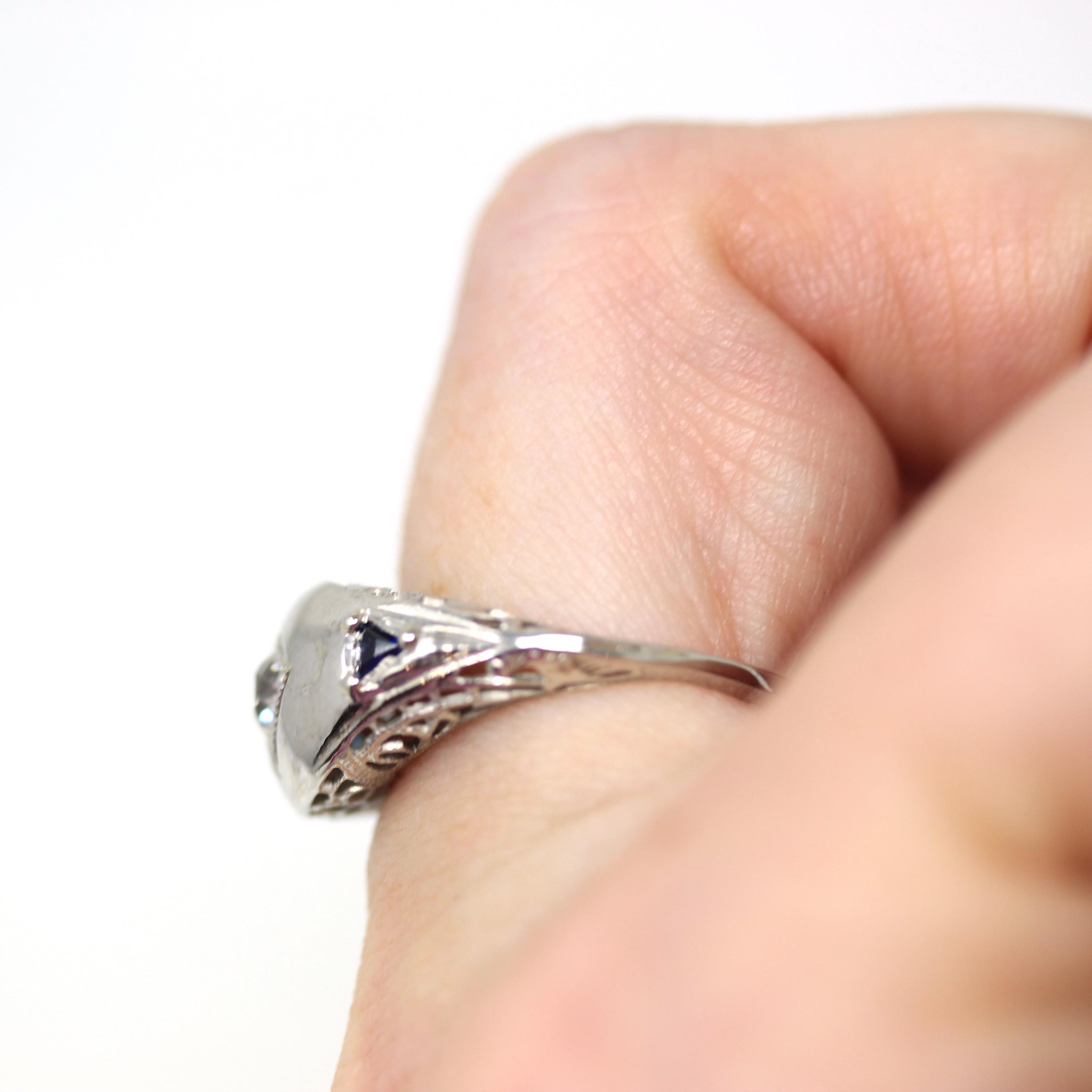 Art Deco Filigree Ring - Antique 18k White Gold Natural Diamond Created Sapphire Engagement Band - Circa 1920s Size 6 Floral Fine Jewelry