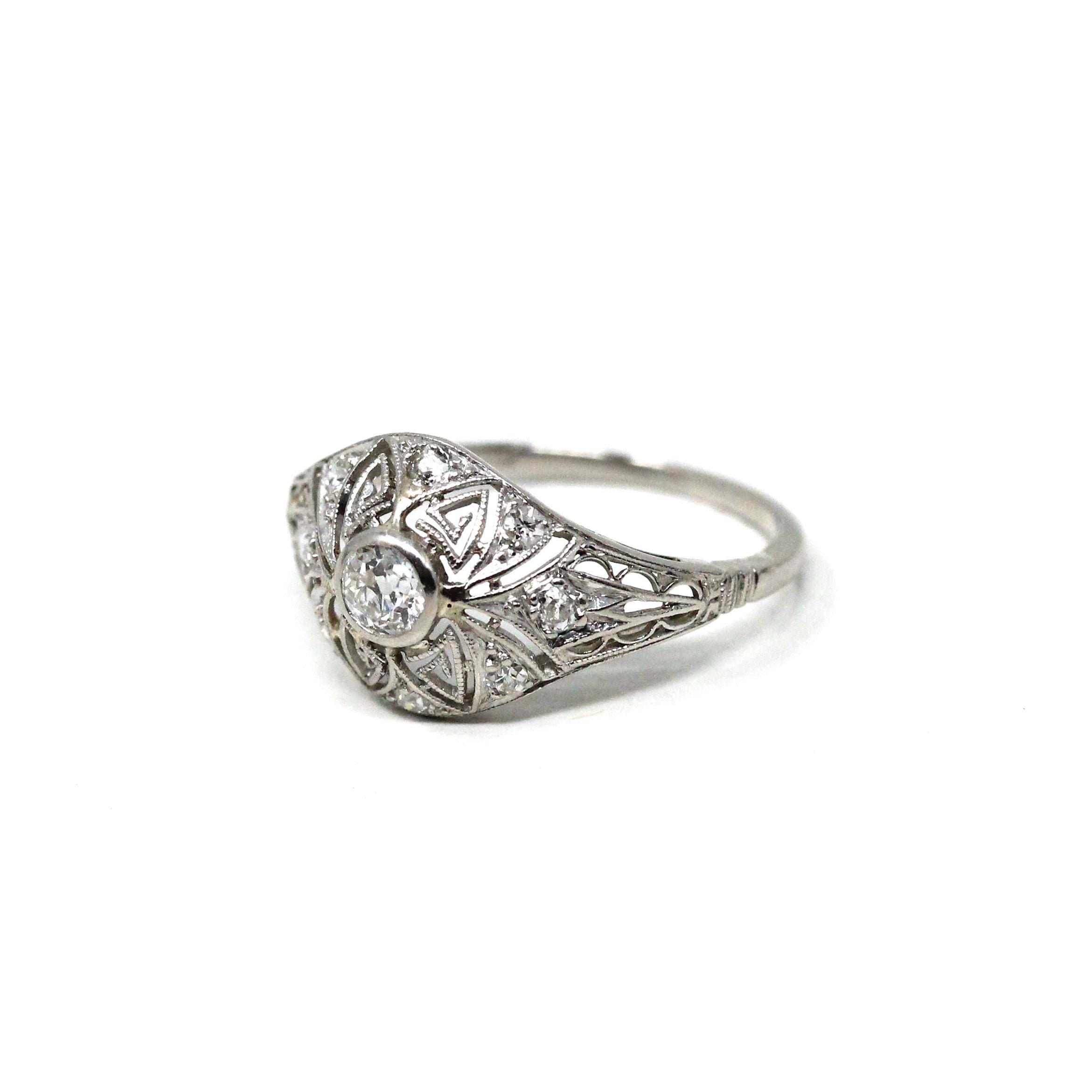 Antique Diamond Ring - Art Deco Platinum Natural Diamonds Filigree Bridal Statement - Circa 1920s Era Size 5 1/4 Fine Engagement 20s Jewelry