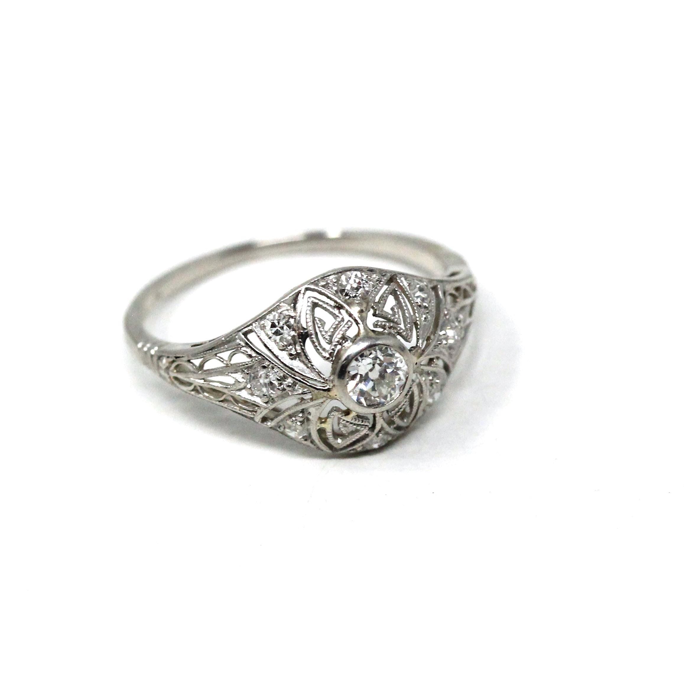 Antique Diamond Ring - Art Deco Platinum Natural Diamonds Filigree Bridal Statement - Circa 1920s Era Size 5 1/4 Fine Engagement 20s Jewelry