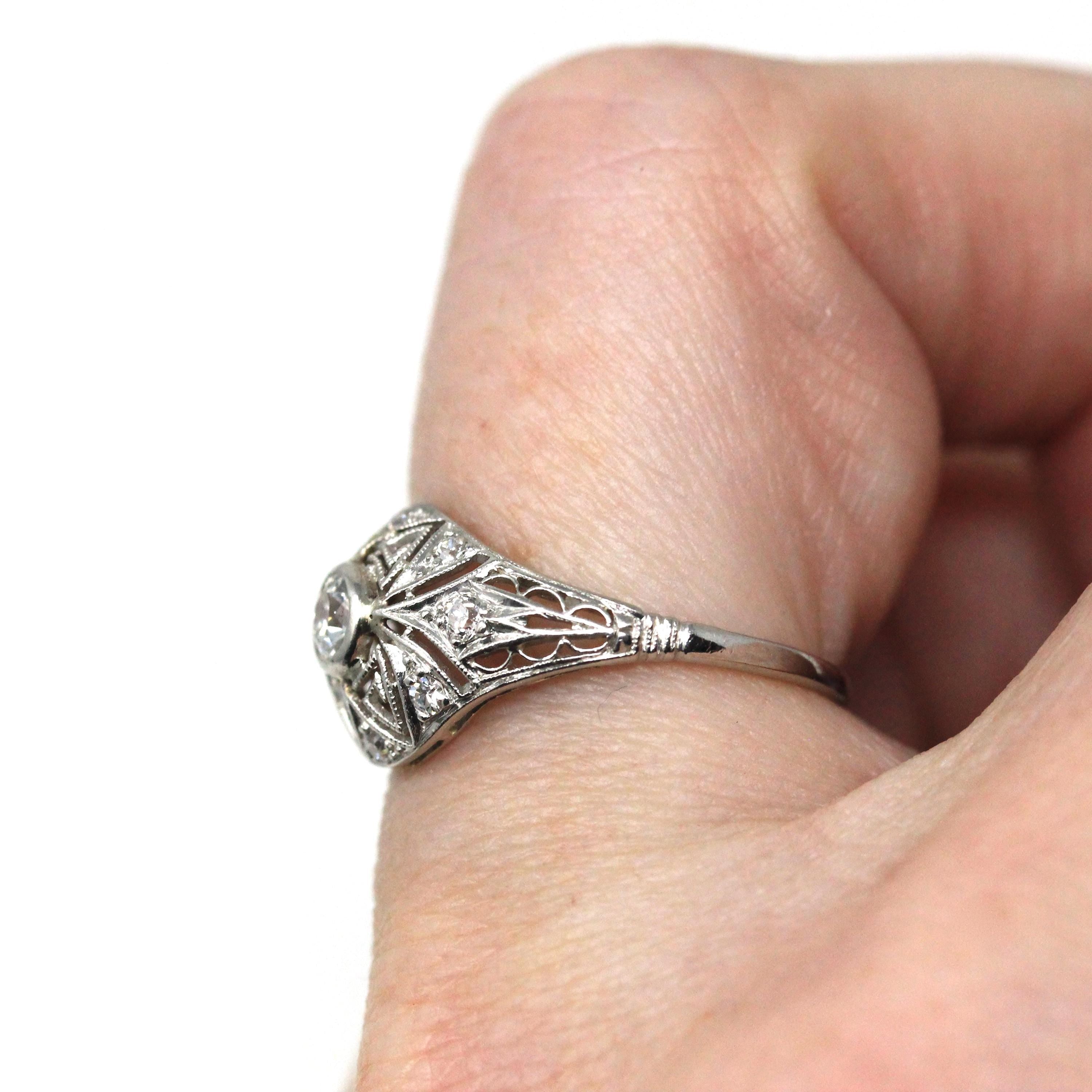 Antique Diamond Ring - Art Deco Platinum Natural Diamonds Filigree Bridal Statement - Circa 1920s Era Size 5 1/4 Fine Engagement 20s Jewelry