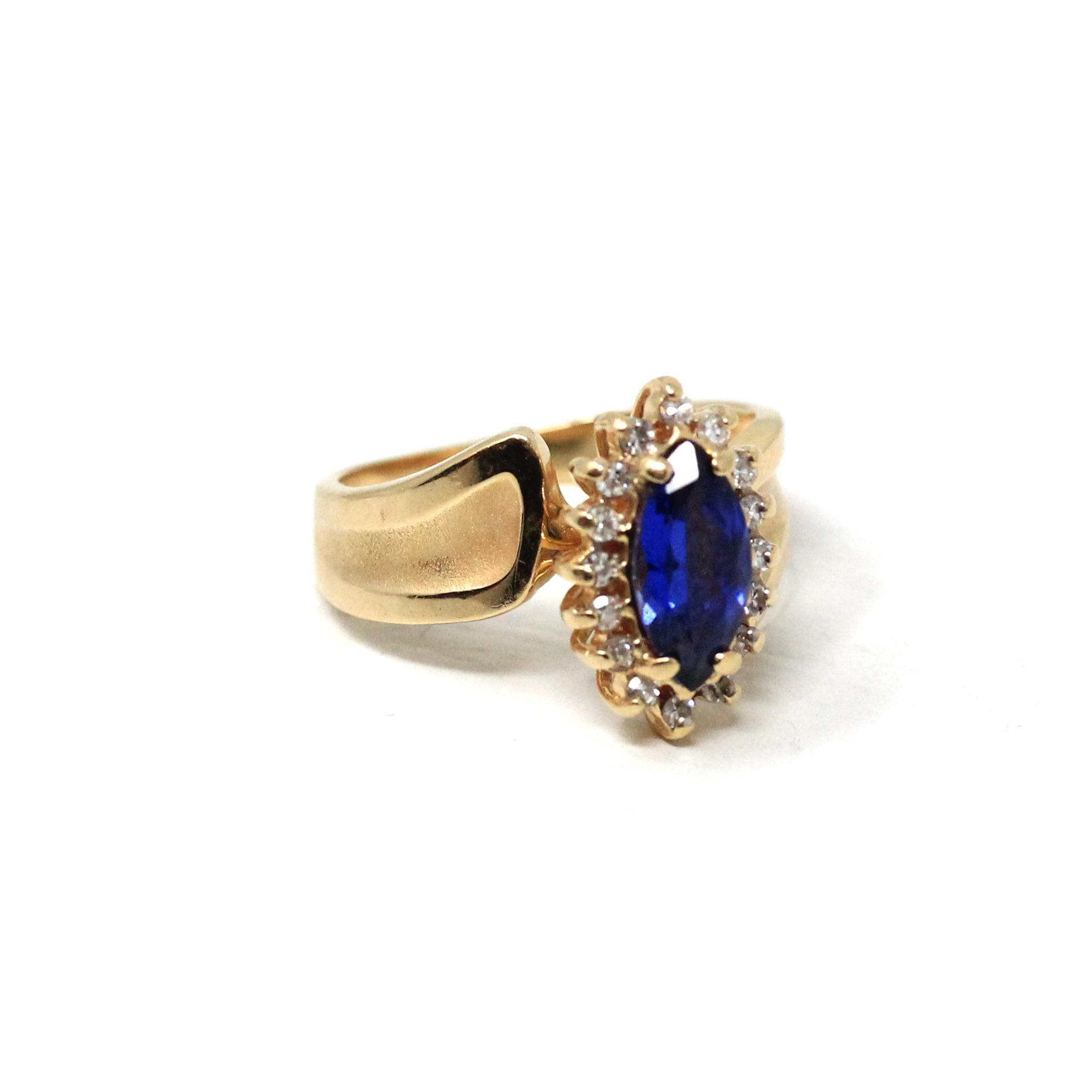 Marquise Halo Ring - Modern 14k Yellow Gold Created Sapphire Natural Diamond Gemstones - Estate Circa 1990s Size 6 Engagement Fine Jewelry