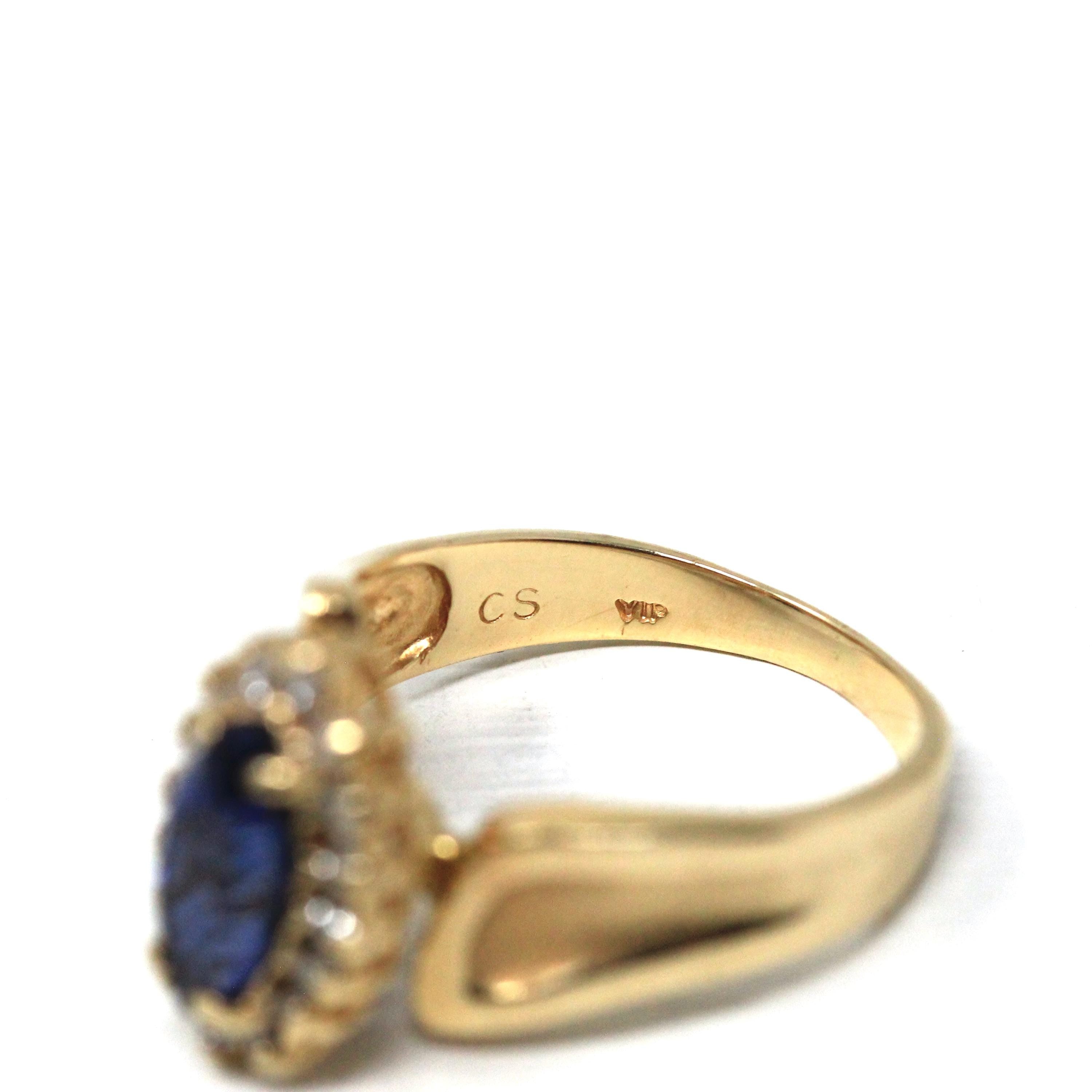 Marquise Halo Ring - Modern 14k Yellow Gold Created Sapphire Natural Diamond Gemstones - Estate Circa 1990s Size 6 Engagement Fine Jewelry