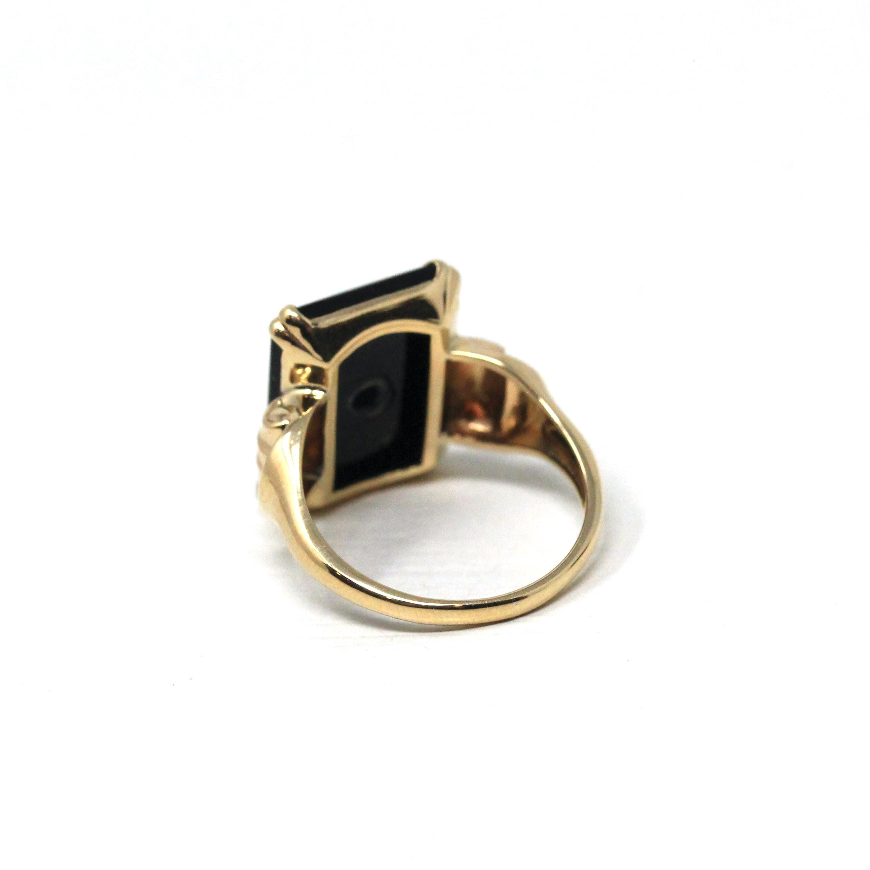 Vintage Onyx Ring - Retro 10k Yellow Gold Rectangular Cut Natural Black Chalcedony Gem - Circa 1940s Size 6 Statement Fine Diamond Jewelry