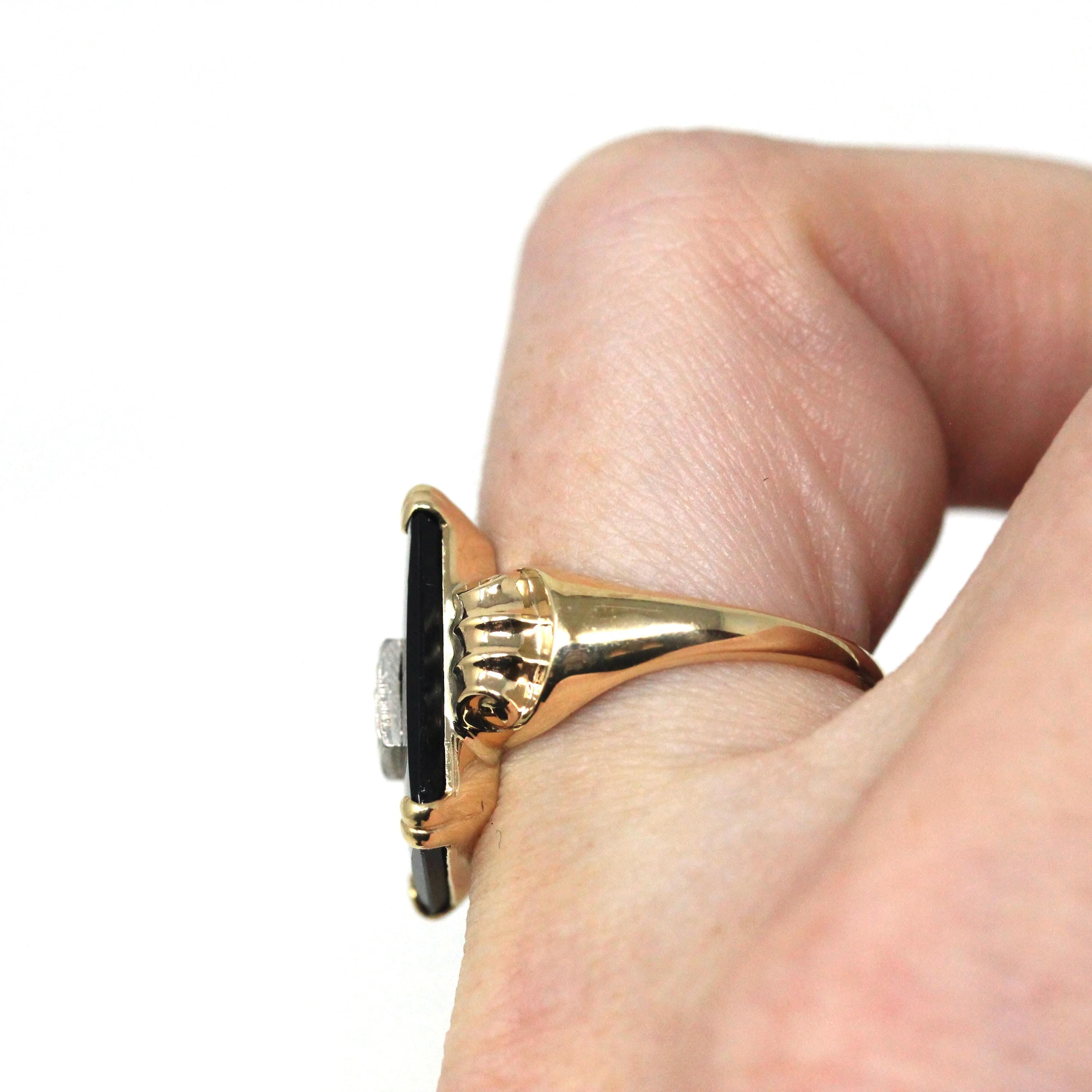 Vintage Onyx Ring - Retro 10k Yellow Gold Rectangular Cut Natural Black Chalcedony Gem - Circa 1940s Size 6 Statement Fine Diamond Jewelry