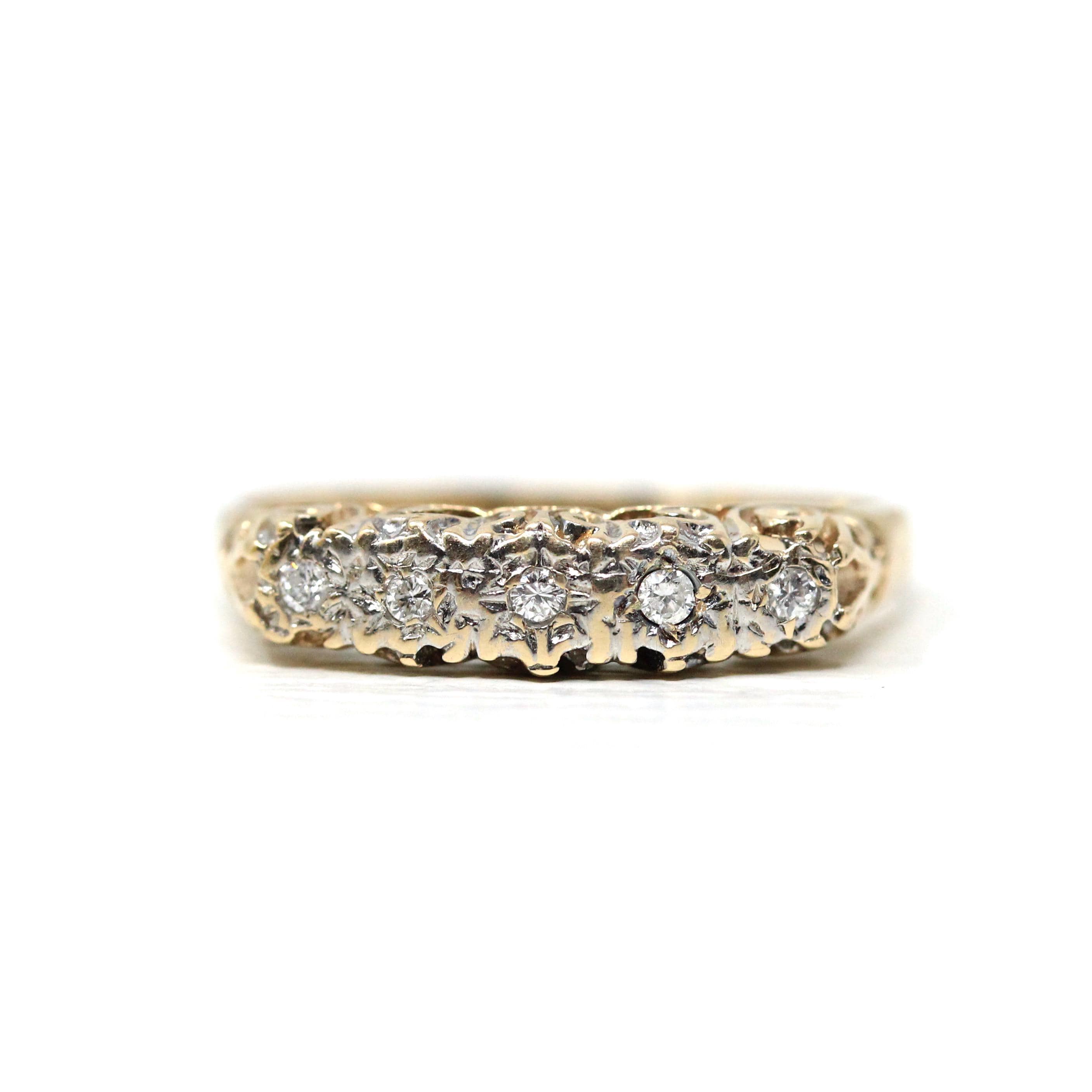 1980s Diamond Band - Vintage 9k Yellow Gold Natural Five Gemstones Wedding Ring - Estate Hallmarked 1981 Era Size 7 3/4 Unisex Fine Jewelry