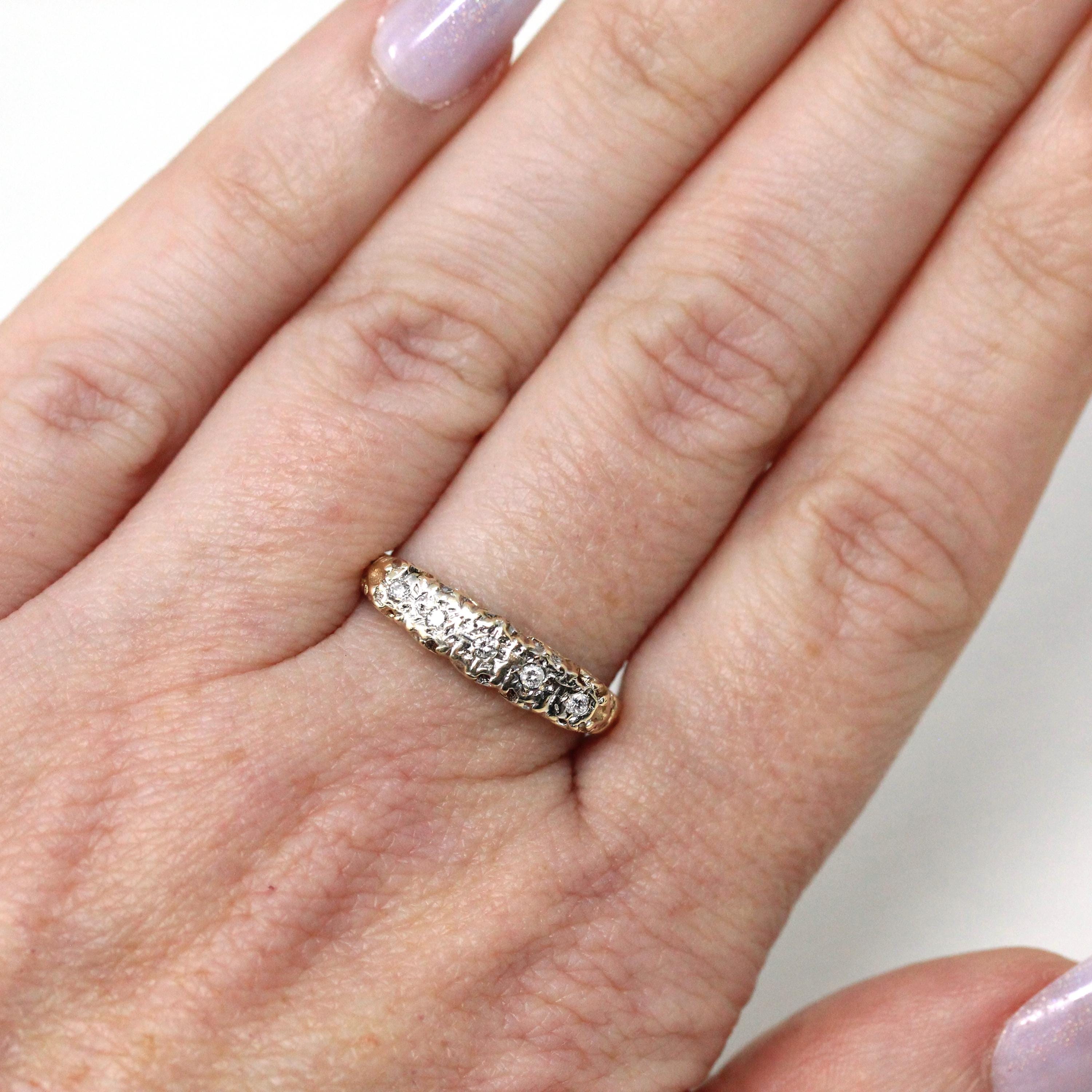 1980s Diamond Band - Vintage 9k Yellow Gold Natural Five Gemstones Wedding Ring - Estate Hallmarked 1981 Era Size 7 3/4 Unisex Fine Jewelry