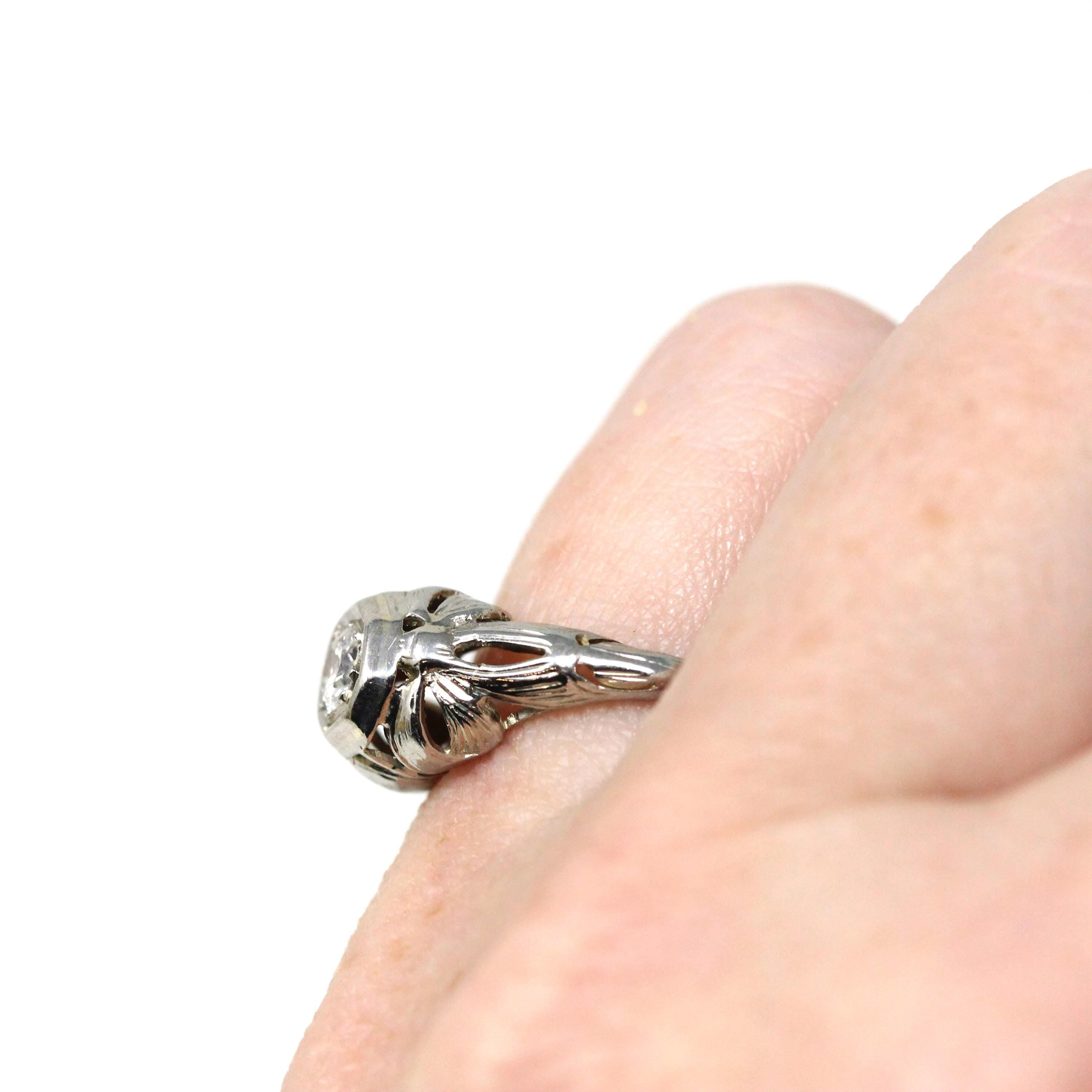 Art Deco Diamond Ring - Vintage 14k White Gold .19 CT Round Natural Gemstone - Circa 1930s Era Size 5.5 Engagement Bow Filigree Fine Jewelry