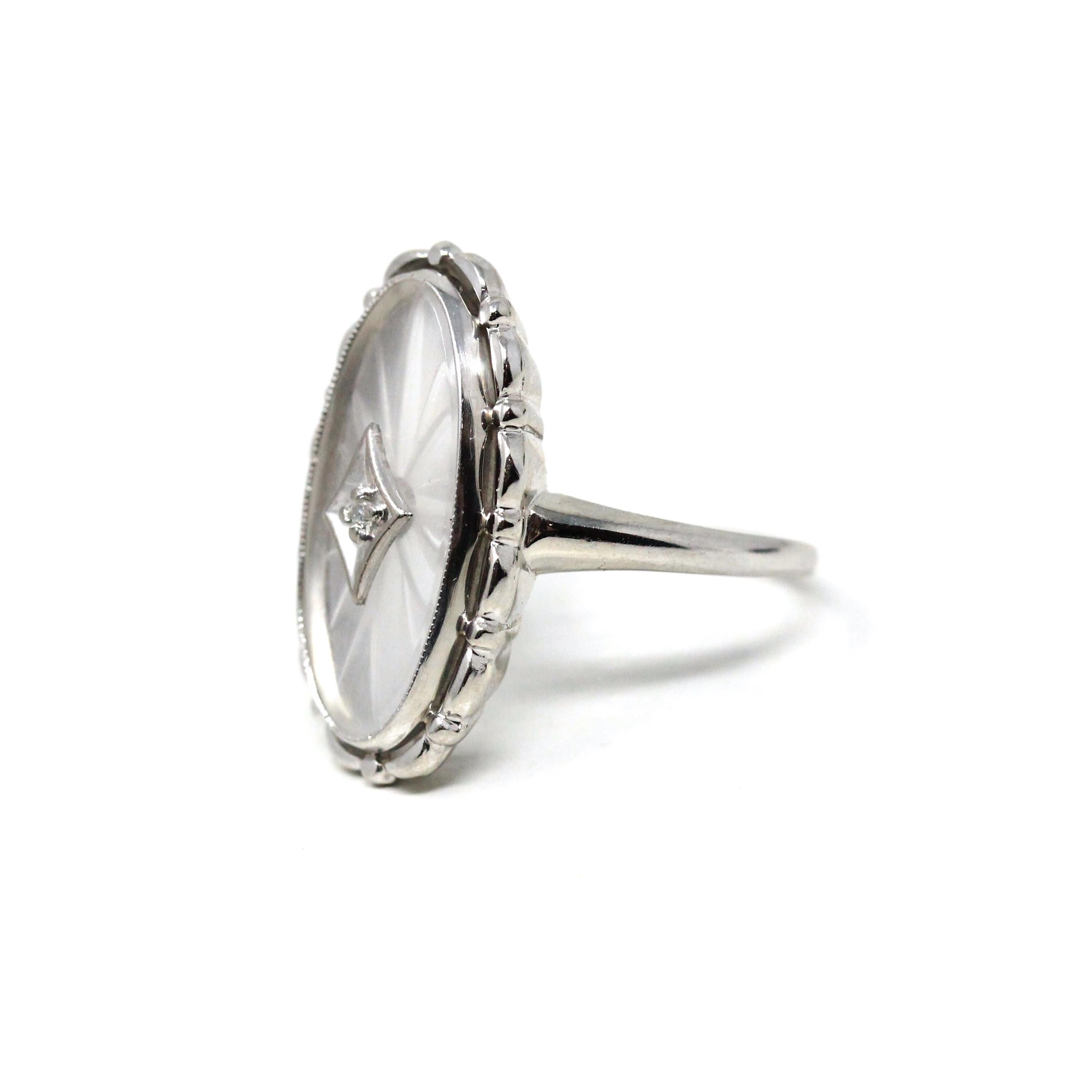 Rock Crystal Quartz Ring - Vintage 10k White Gold Natural Diamond Statement - Mid Century 1950s Size 6 1/4 Clear Frosted Oval Fine Jewelry