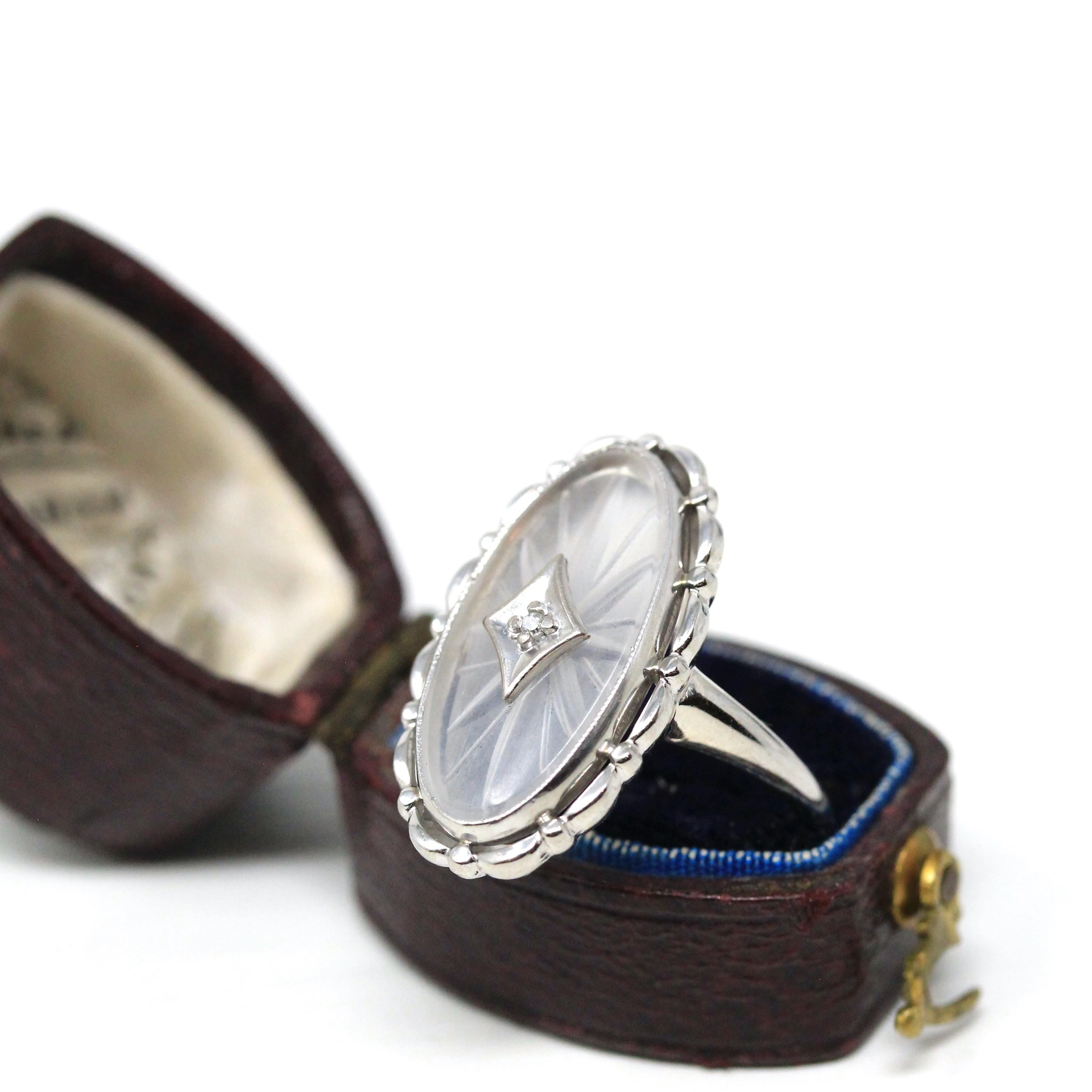 Rock Crystal Quartz Ring - Vintage 10k White Gold Natural Diamond Statement - Mid Century 1950s Size 6 1/4 Clear Frosted Oval Fine Jewelry