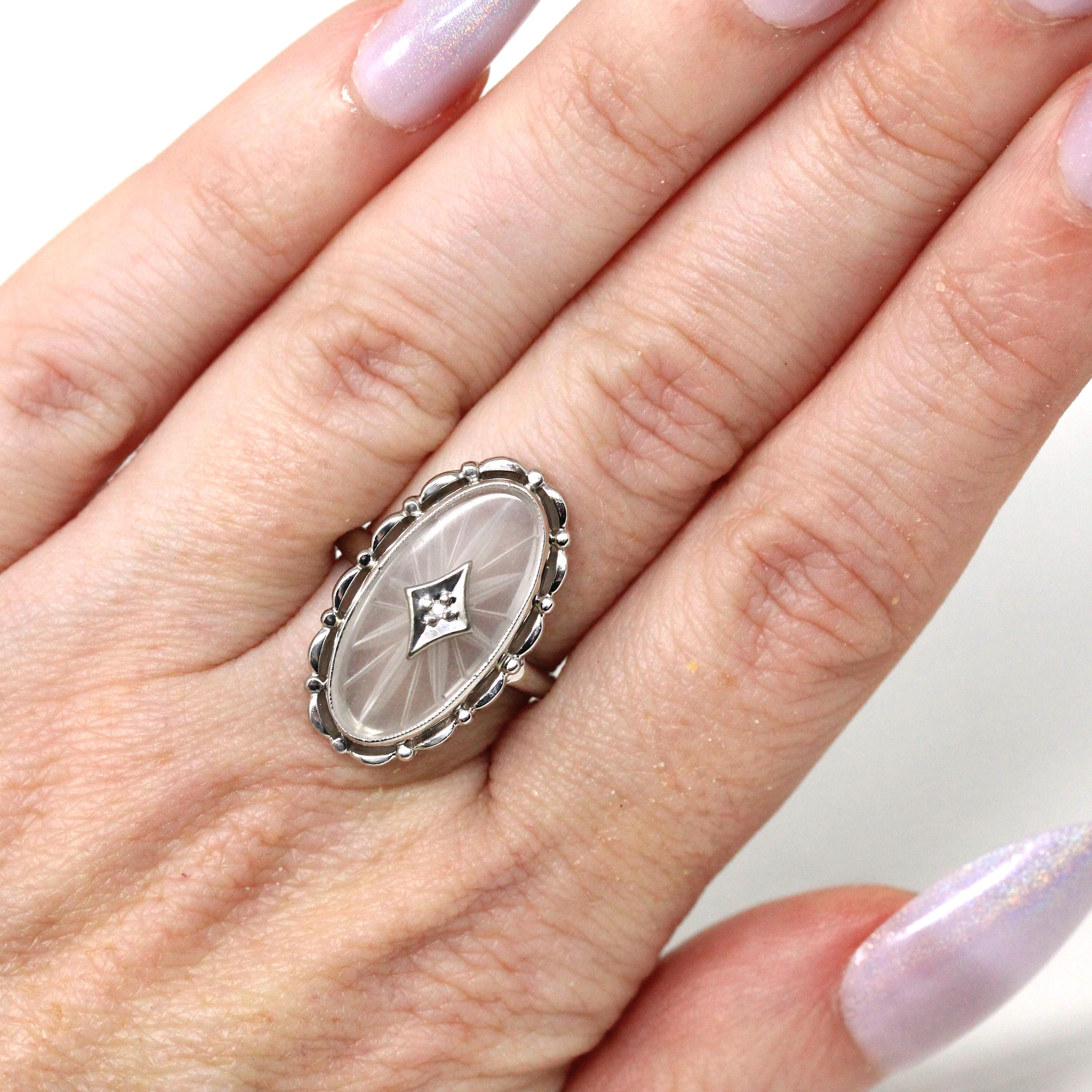 Rock Crystal Quartz Ring - Vintage 10k White Gold Natural Diamond Statement - Mid Century 1950s Size 6 1/4 Clear Frosted Oval Fine Jewelry