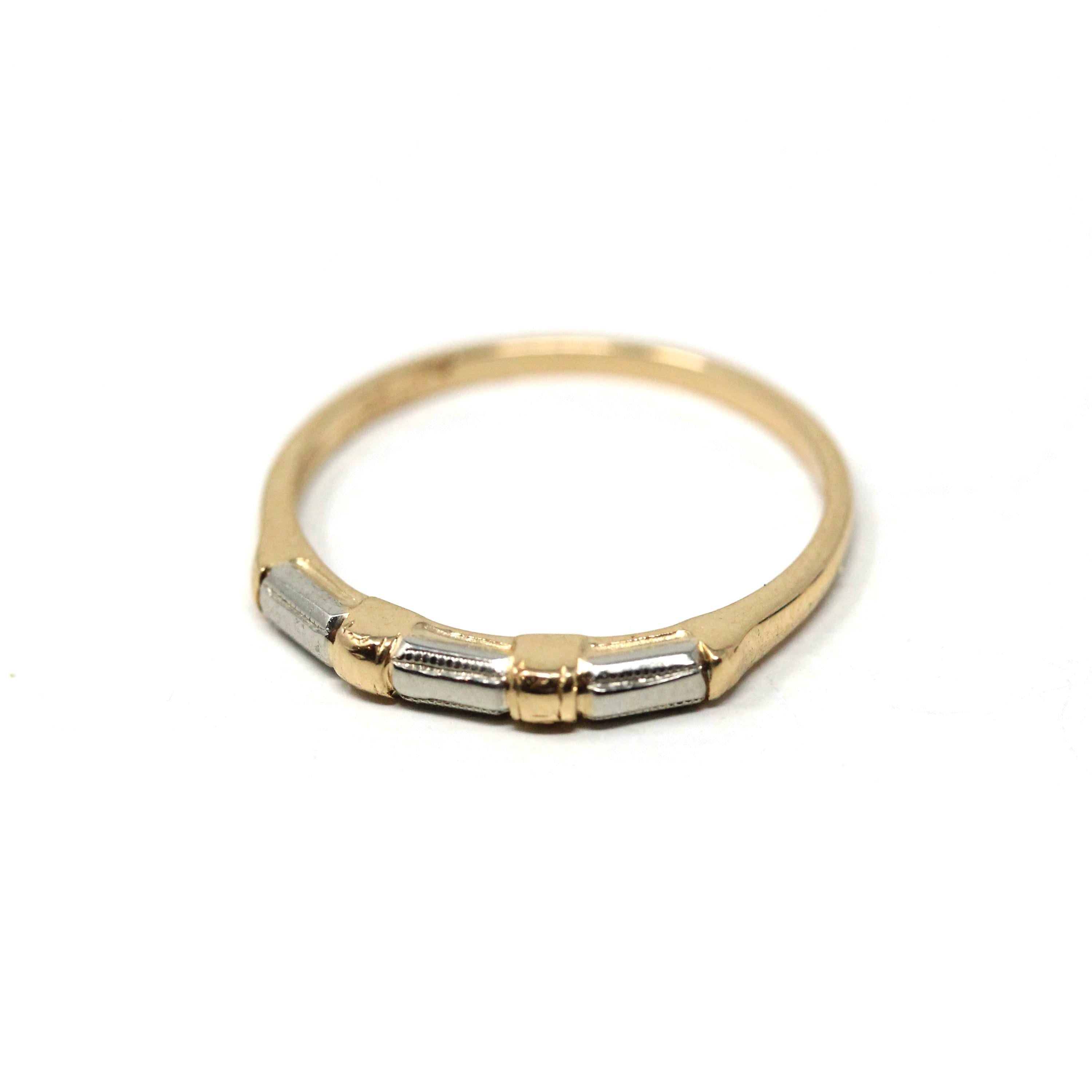 Vintage Ring Set - Retro Era 14k Yellow & White Gold Two Tone Natural Diamond - Circa 1940s Size 6 Bridal Engagement Wedding Fine Jewelry