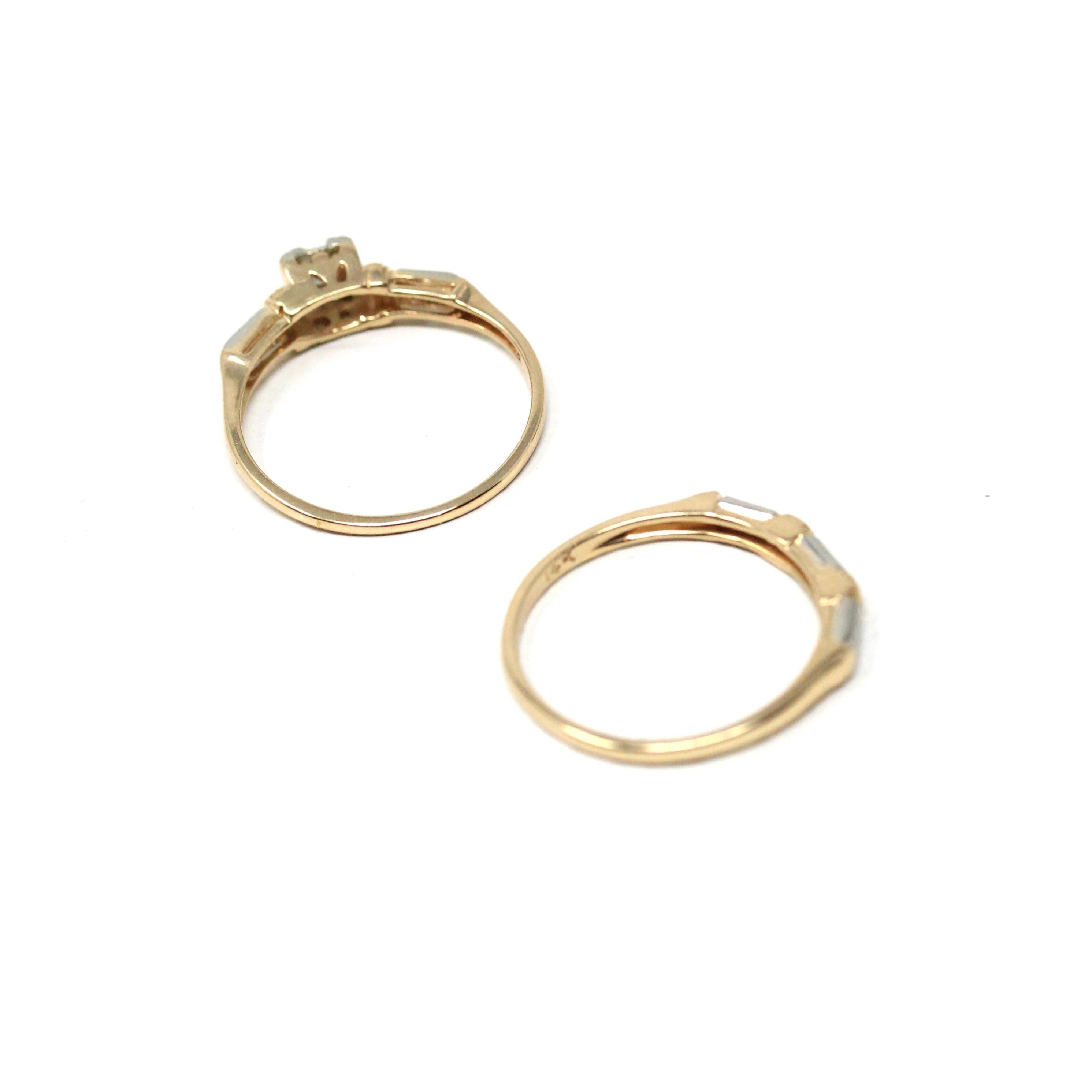 Vintage Ring Set - Retro Era 14k Yellow & White Gold Two Tone Natural Diamond - Circa 1940s Size 6 Bridal Engagement Wedding Fine Jewelry