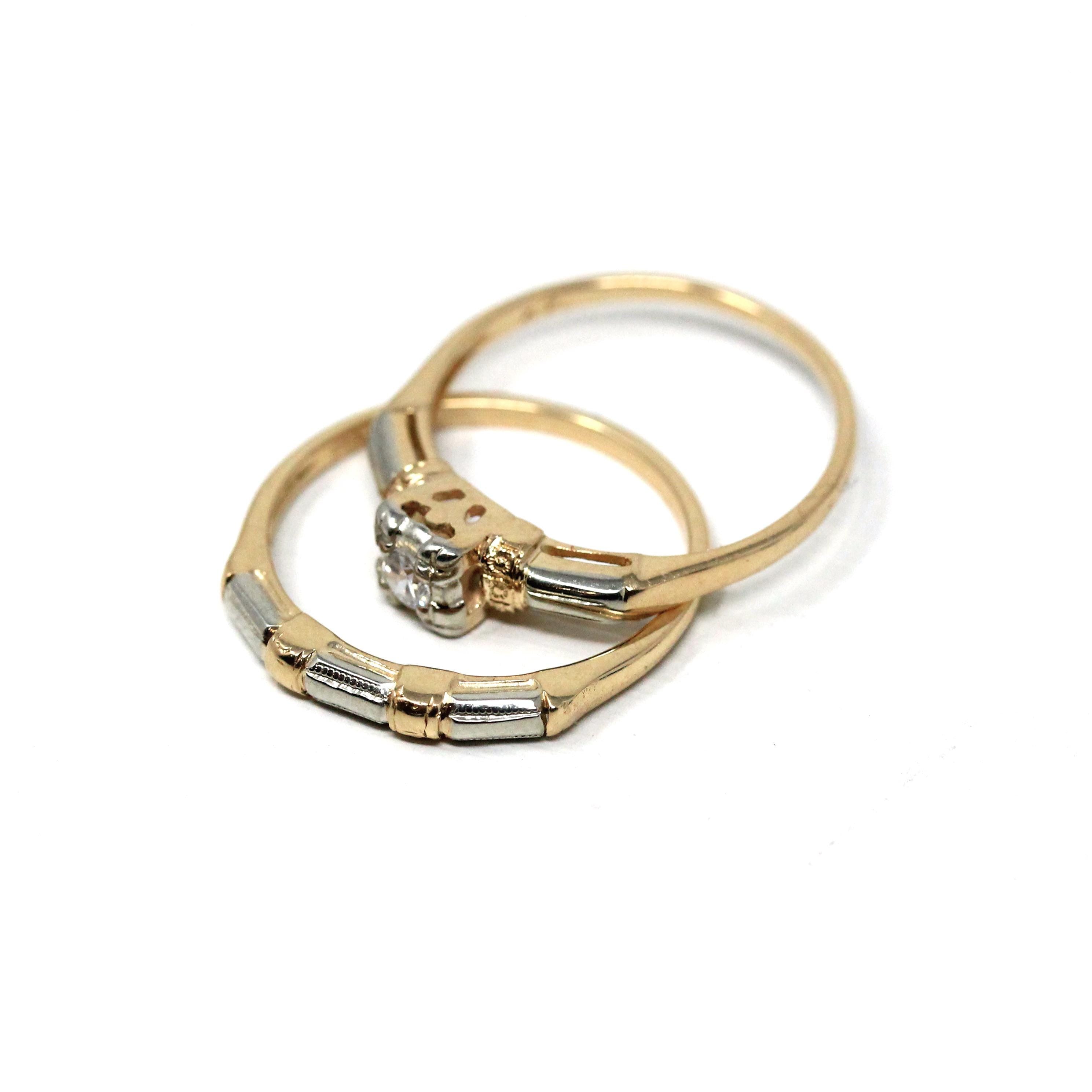 Vintage Ring Set - Retro Era 14k Yellow & White Gold Two Tone Natural Diamond - Circa 1940s Size 6 Bridal Engagement Wedding Fine Jewelry