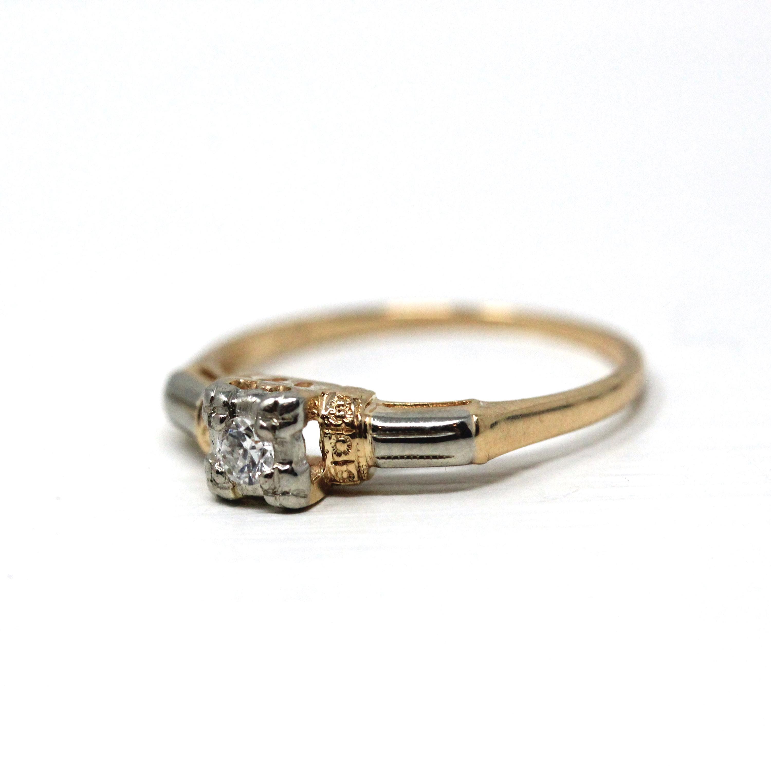 Vintage Ring Set - Retro Era 14k Yellow & White Gold Two Tone Natural Diamond - Circa 1940s Size 6 Bridal Engagement Wedding Fine Jewelry